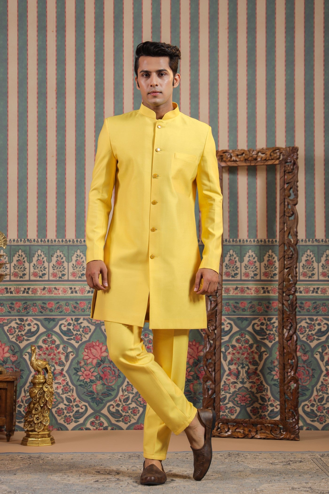 Indo Western Yellow Color Jacket Kurta Set For Wedding