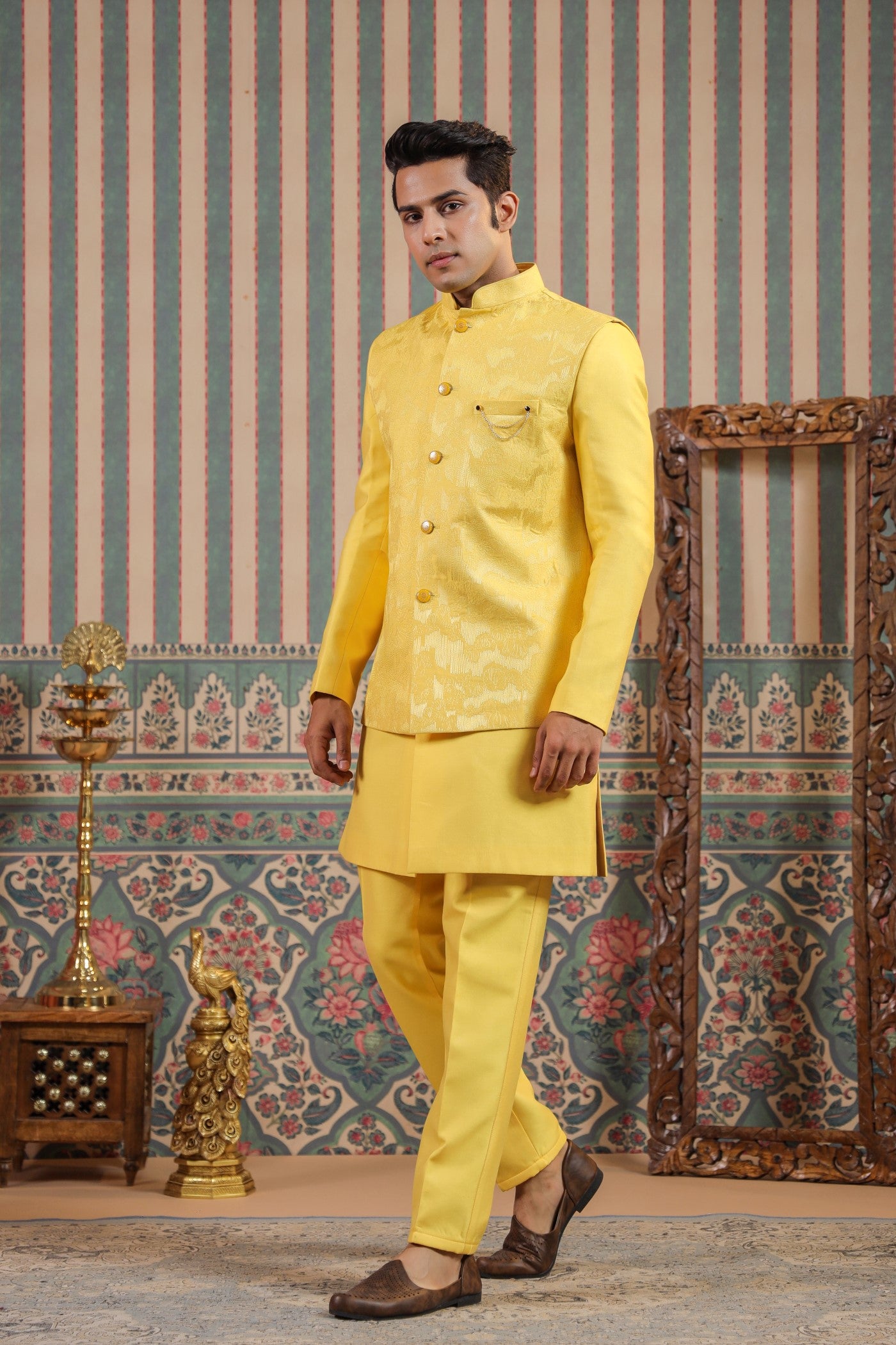 Indo Western Yellow Color Jacket Kurta Set For Wedding