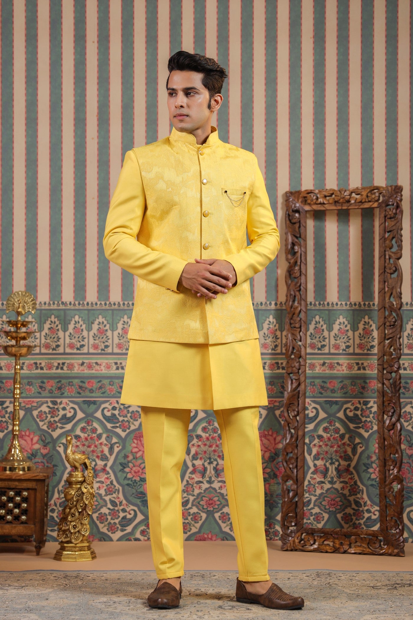 Indo Western Yellow Color Jacket Kurta Set For Wedding