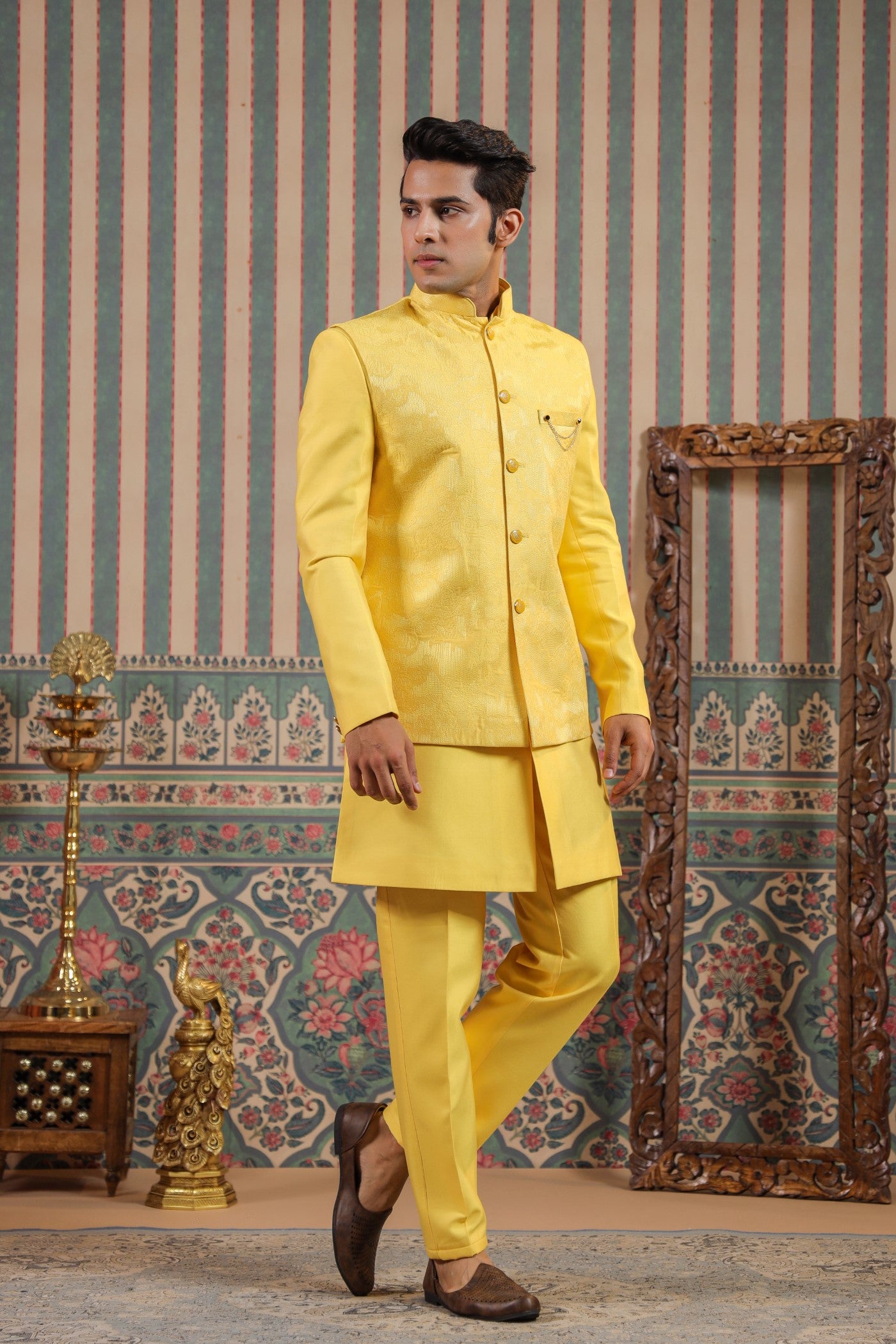 Indo Western Yellow Color Jacket Kurta Set For Wedding
