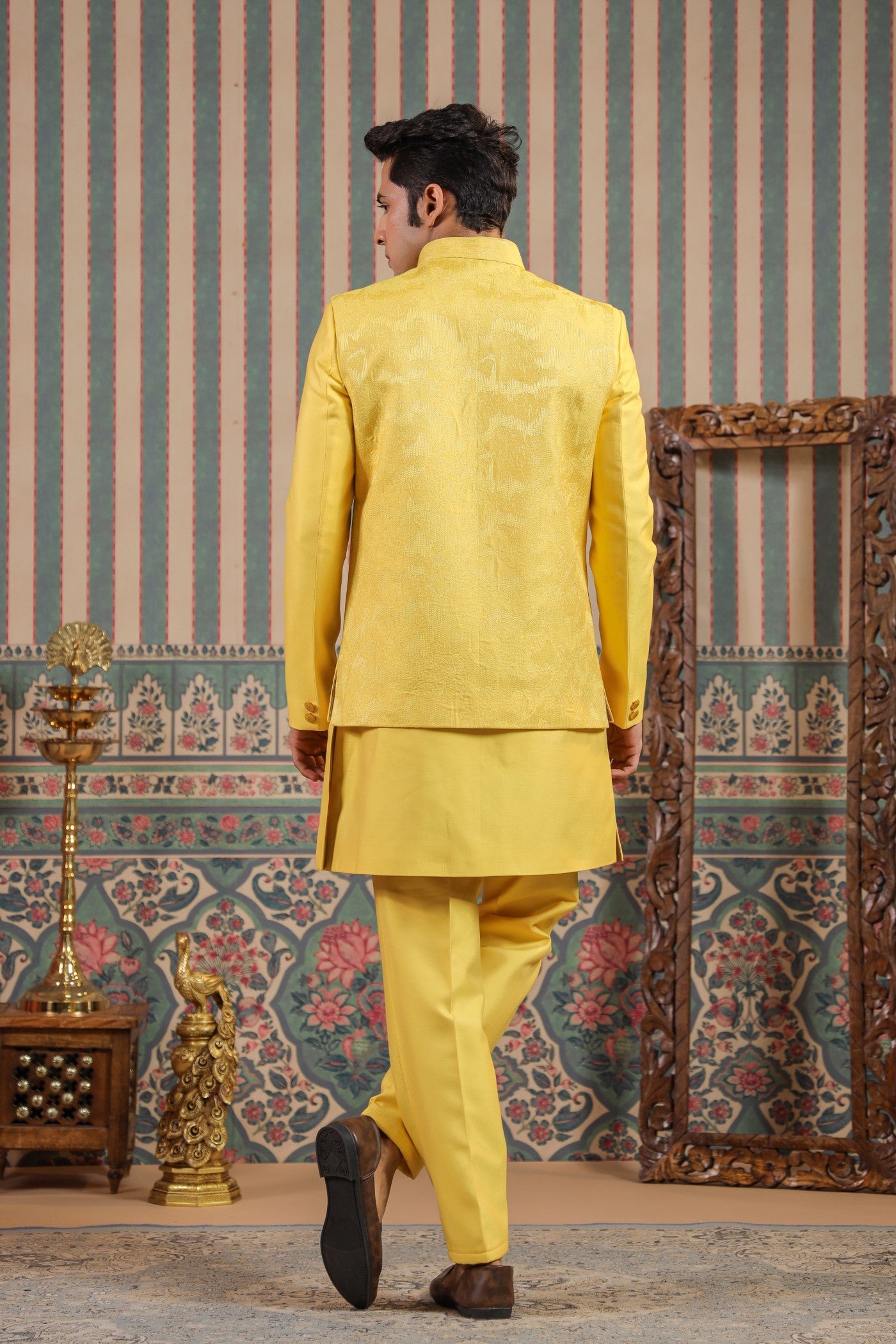 Indo Western Yellow Color Jacket Kurta Set For Wedding