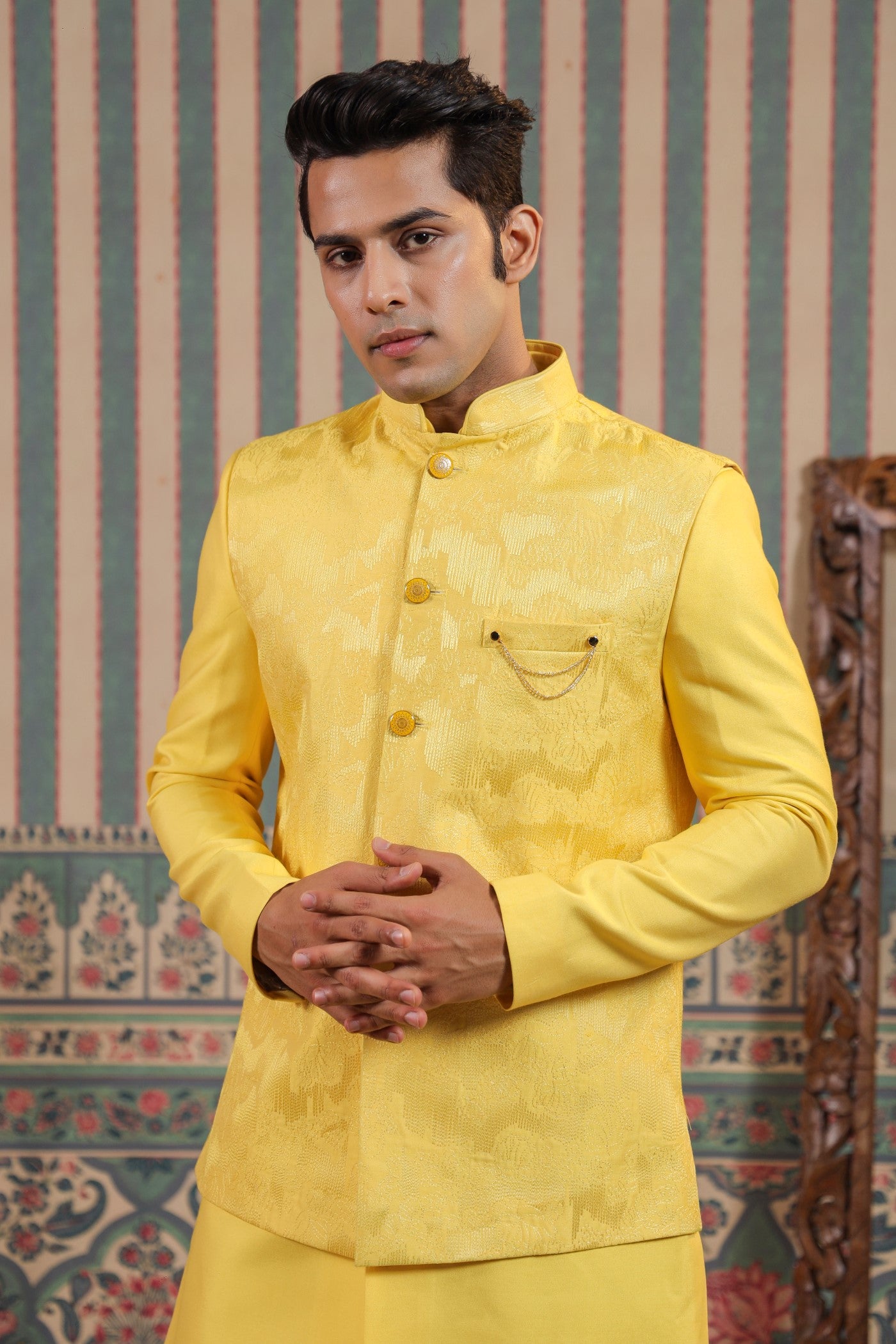 Indo Western Yellow Color Jacket Kurta Set For Wedding