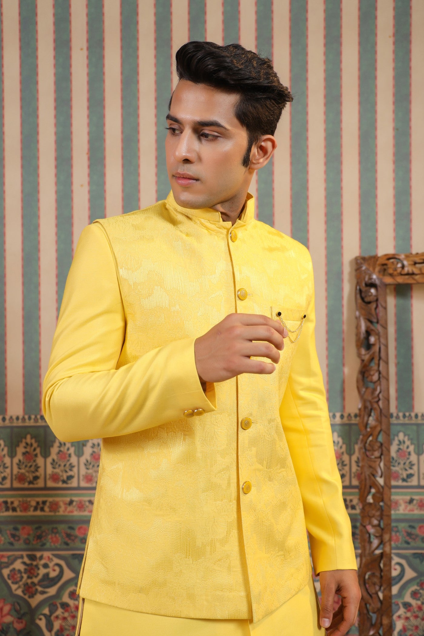 Indo Western Yellow Color Jacket Kurta Set For Wedding