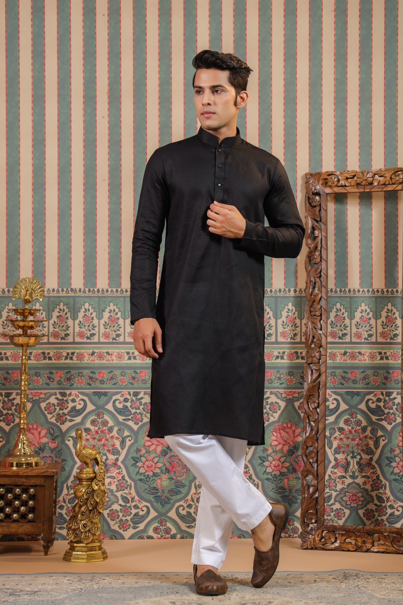 Black Color Plain Kurta Pajama For Men