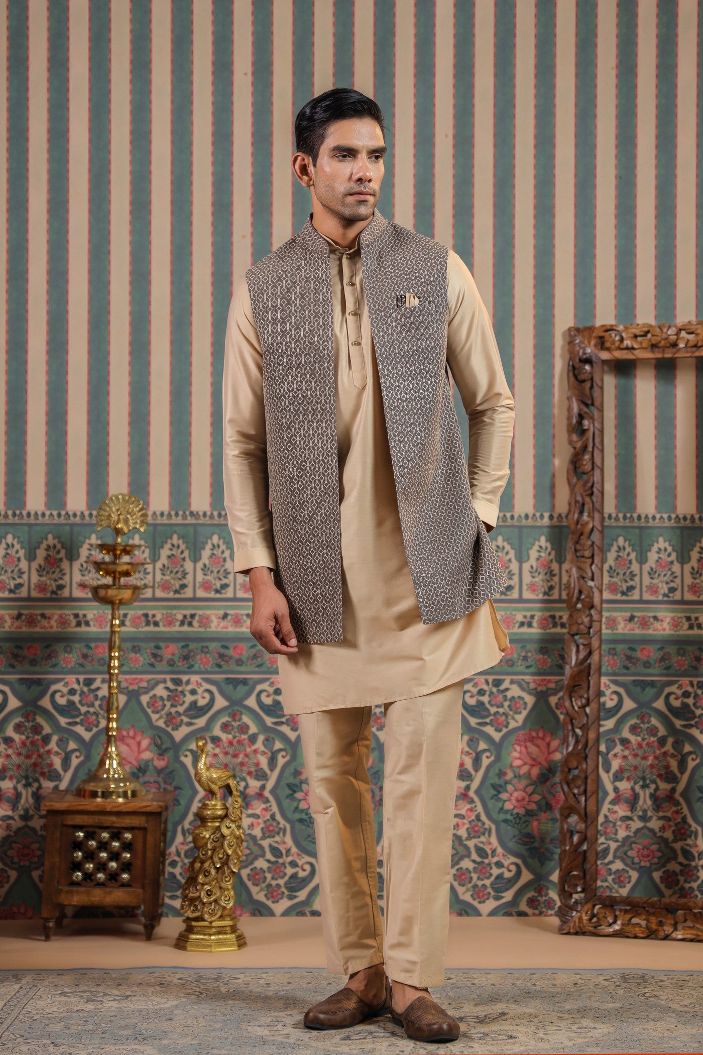 Grey Color Embroidery Long Jacket Kurta