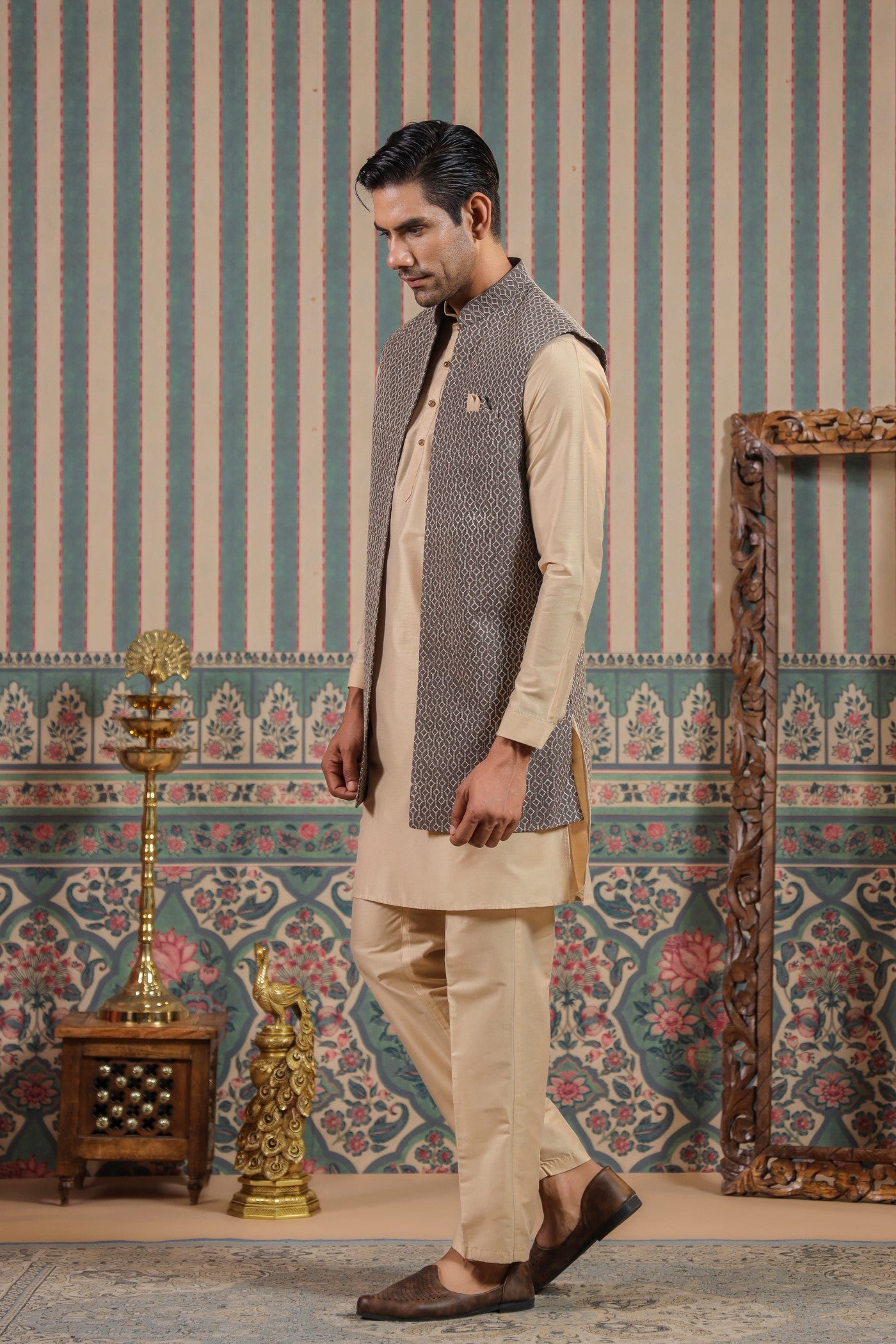 Grey Color Embroidery Long Jacket Kurta