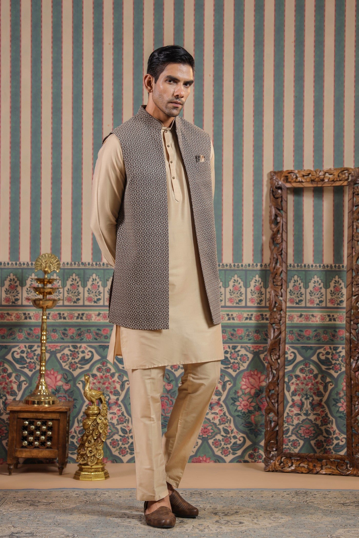 Grey Color Embroidery Long Jacket Kurta