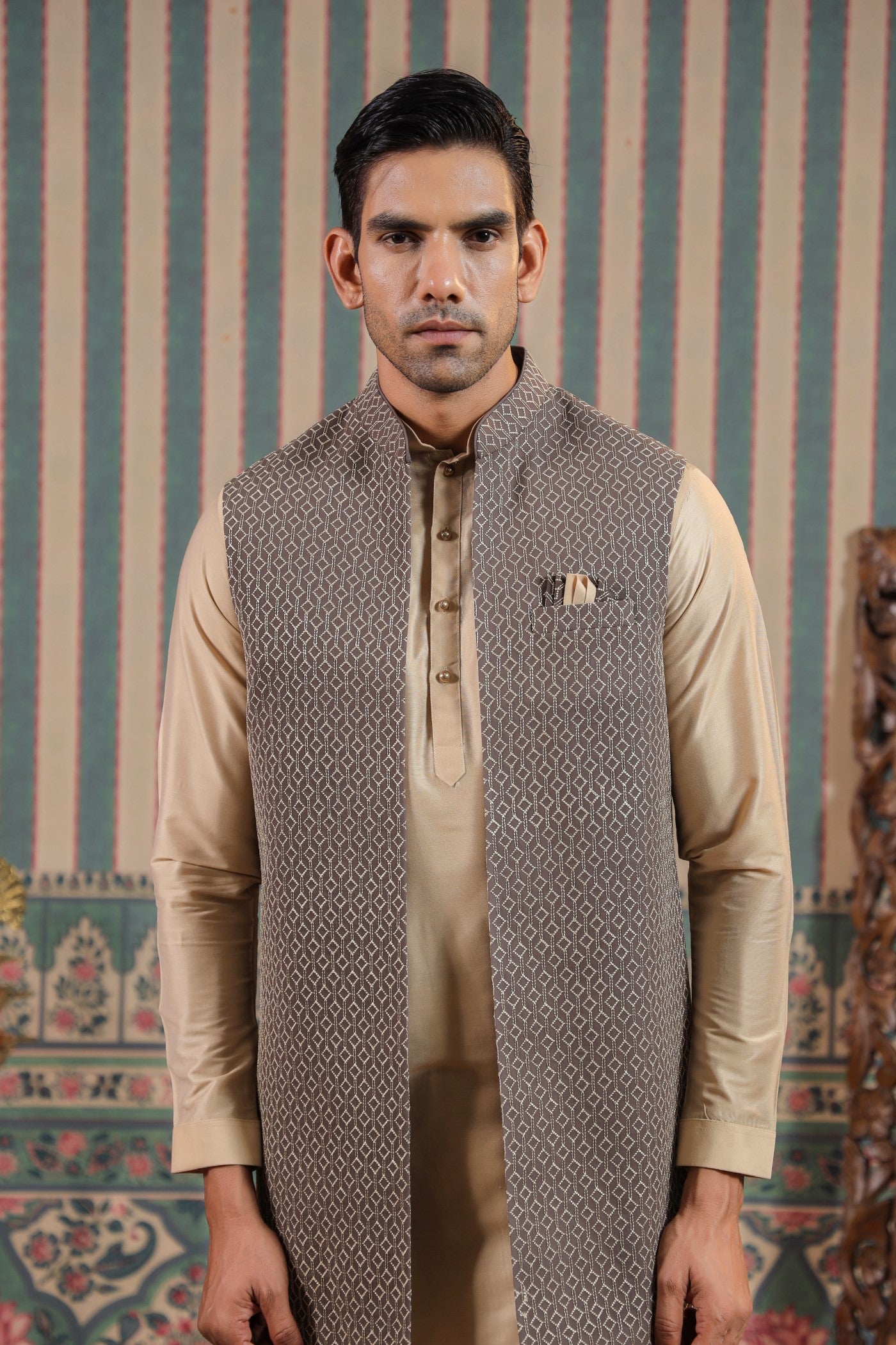 Grey Color Embroidery Long Jacket Kurta