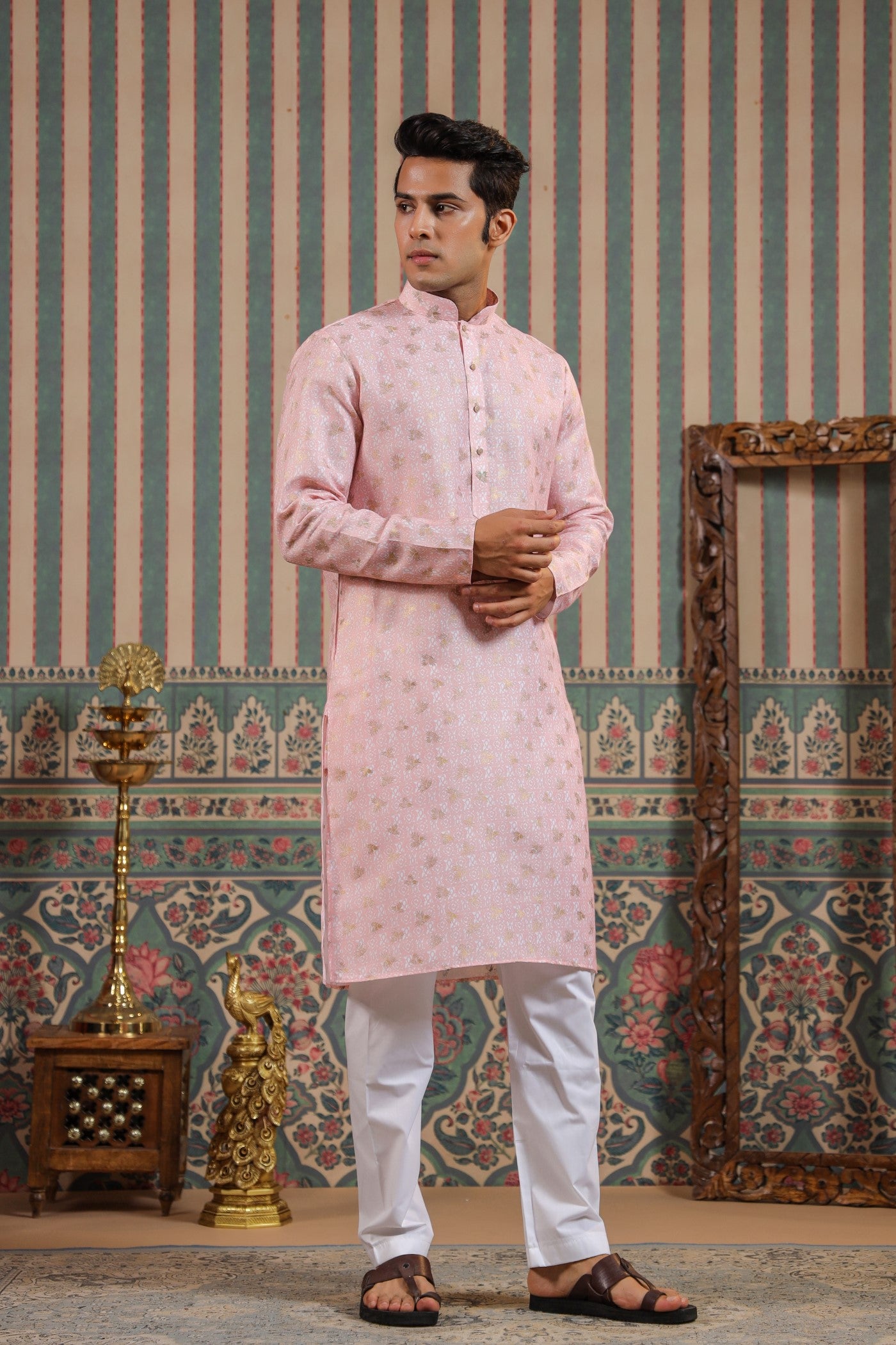 Pink Color Cotton Kurta Pajama For Men