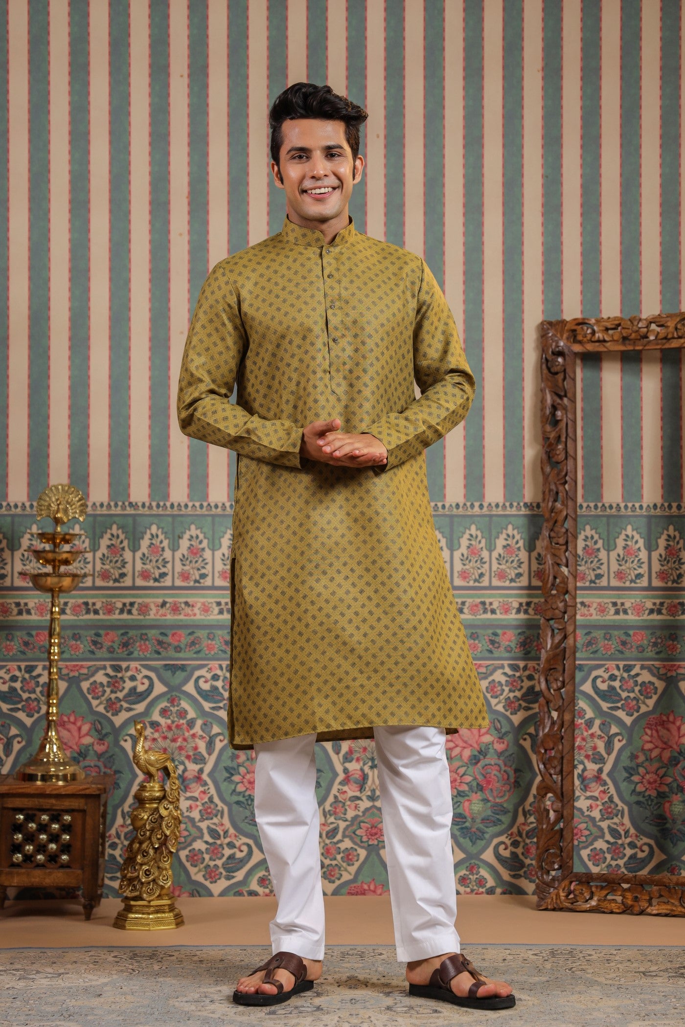 Mehendi Color Kurta Pajama For Men