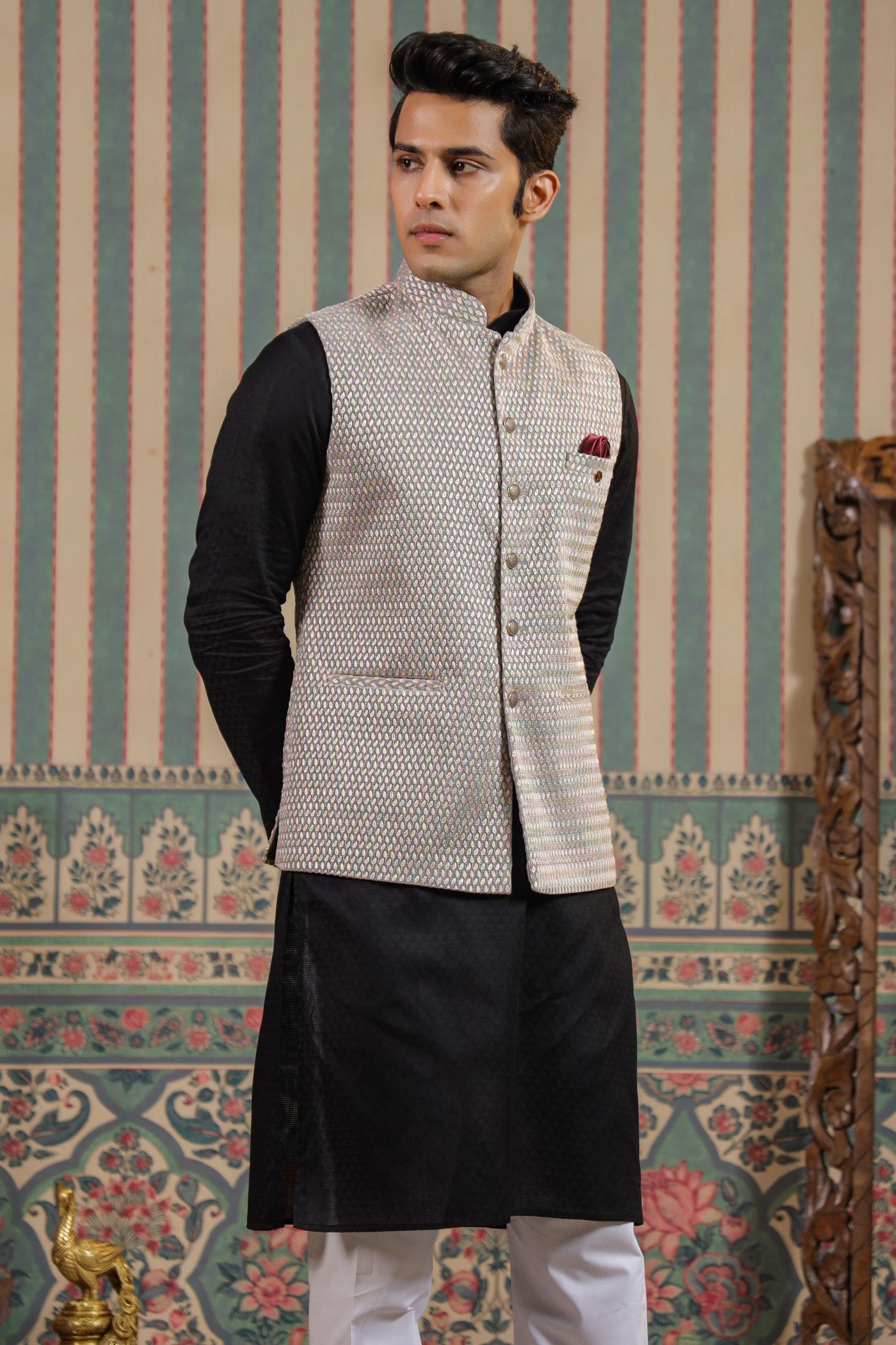 Grey Color Embroidery Velvet Waist Coat