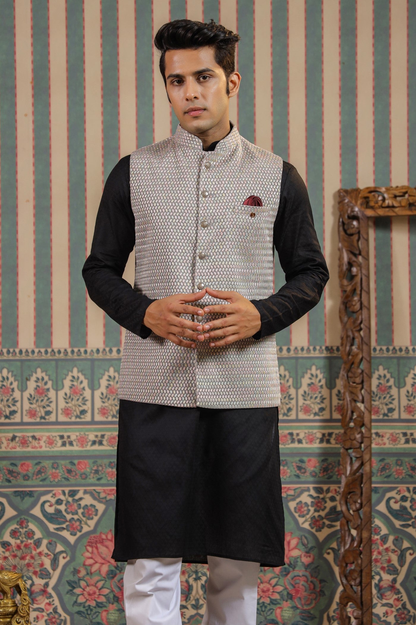 Grey Color Embroidery Velvet Waist Coat