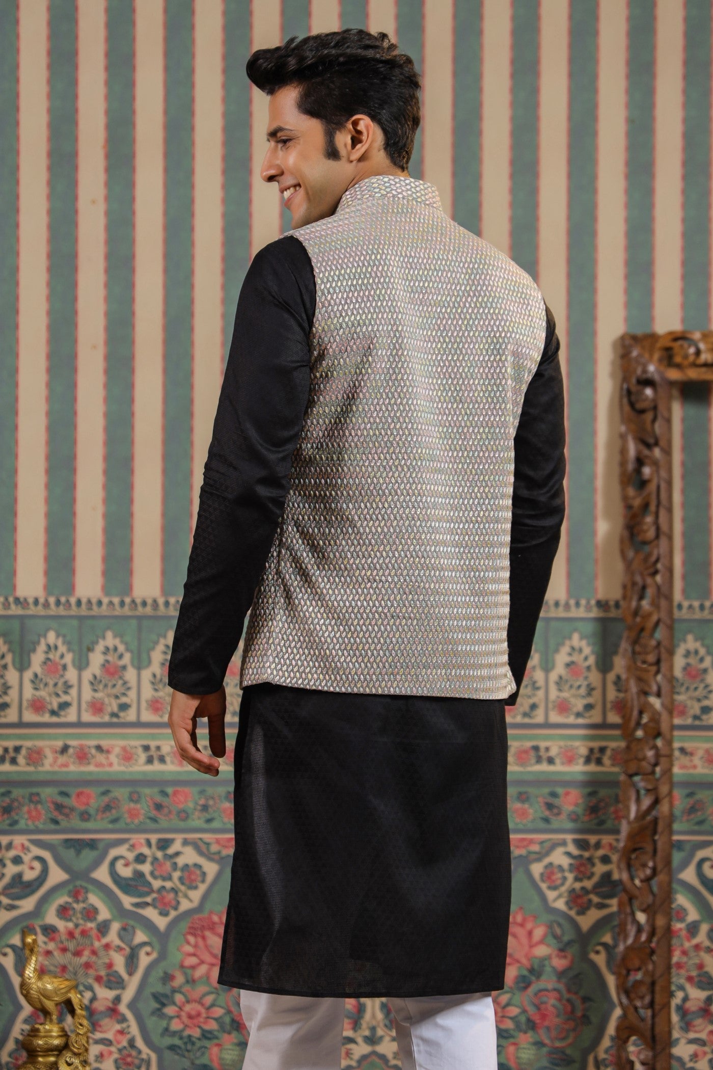 Grey Color Embroidery Velvet Waist Coat