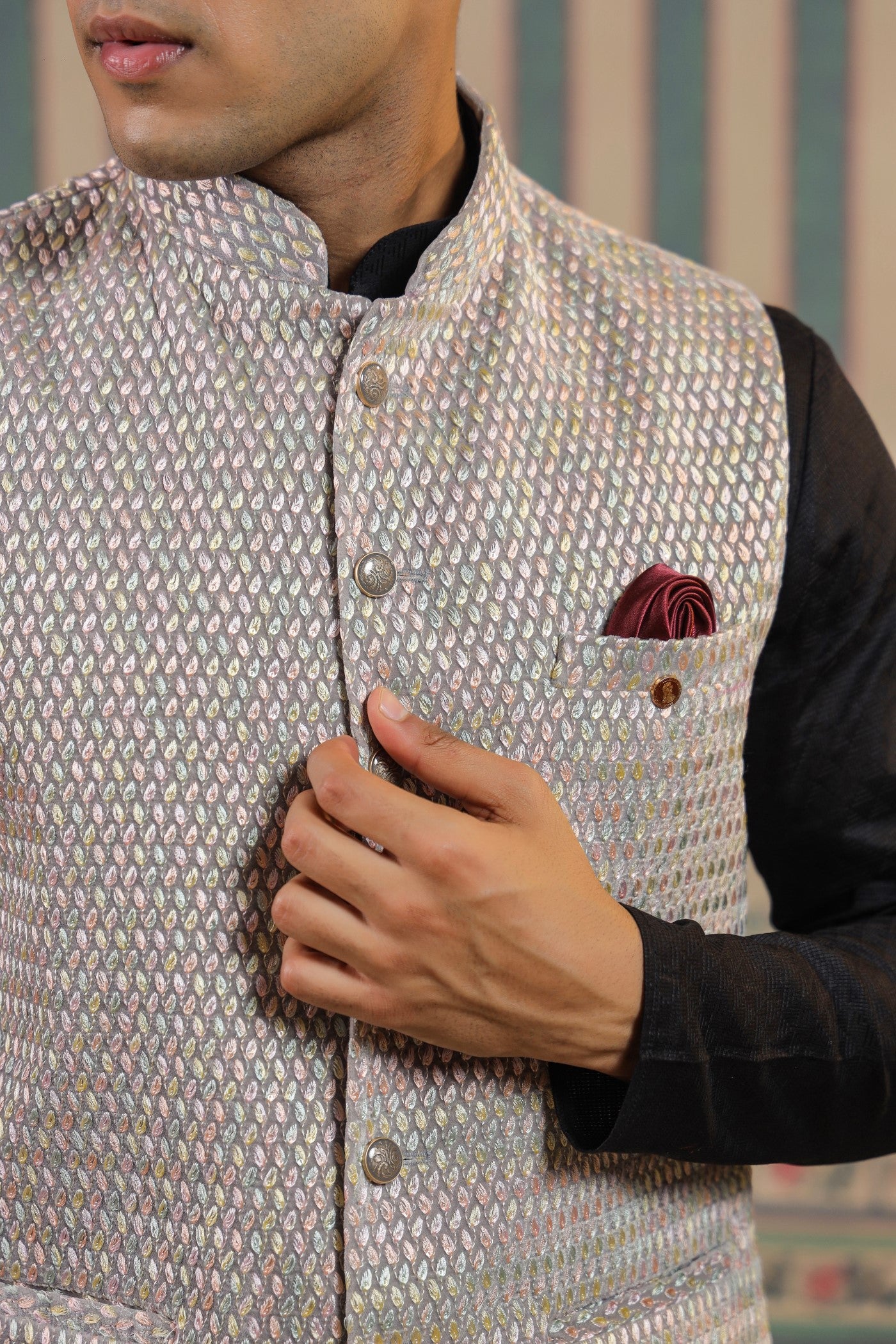 Grey Color Embroidery Velvet Waist Coat