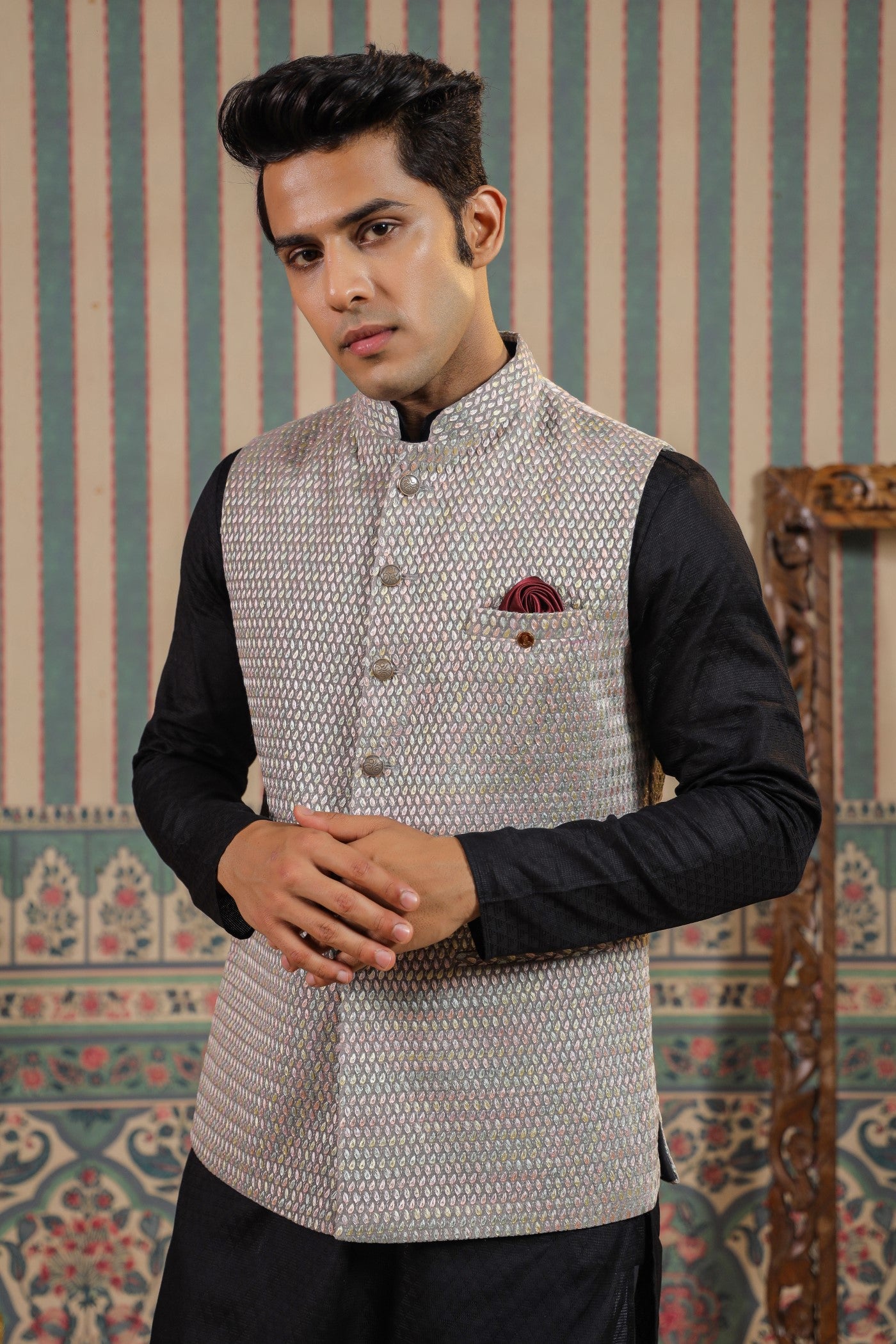 Grey Color Embroidery Velvet Waist Coat