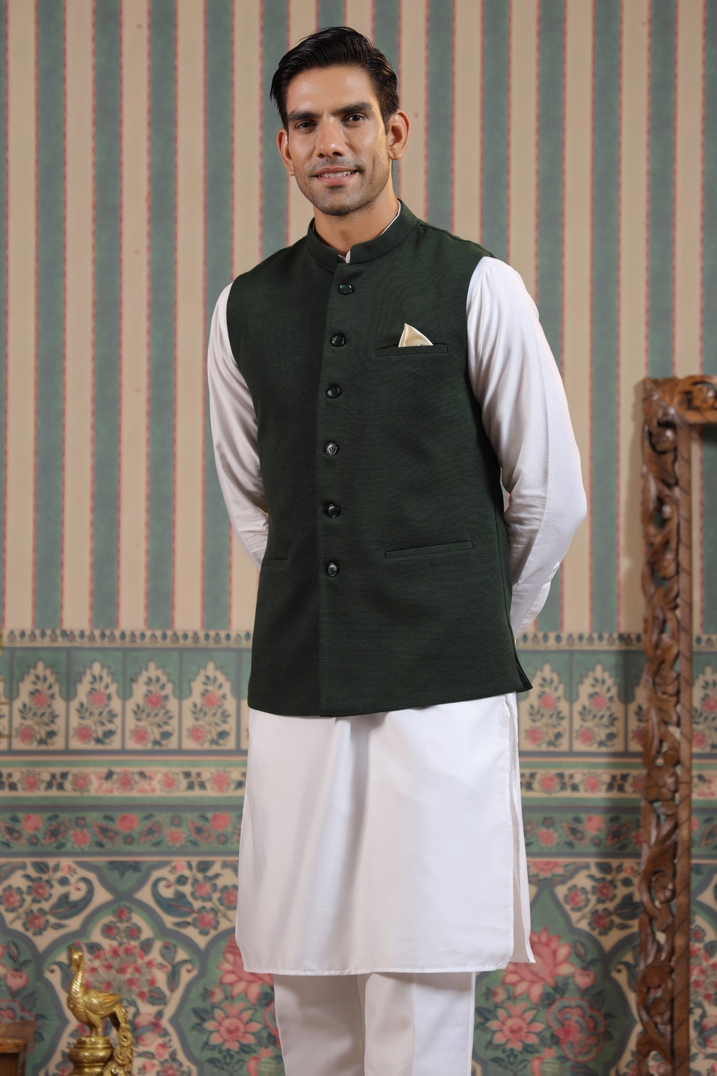 Green Color Formal Plain Waist Coat For Men