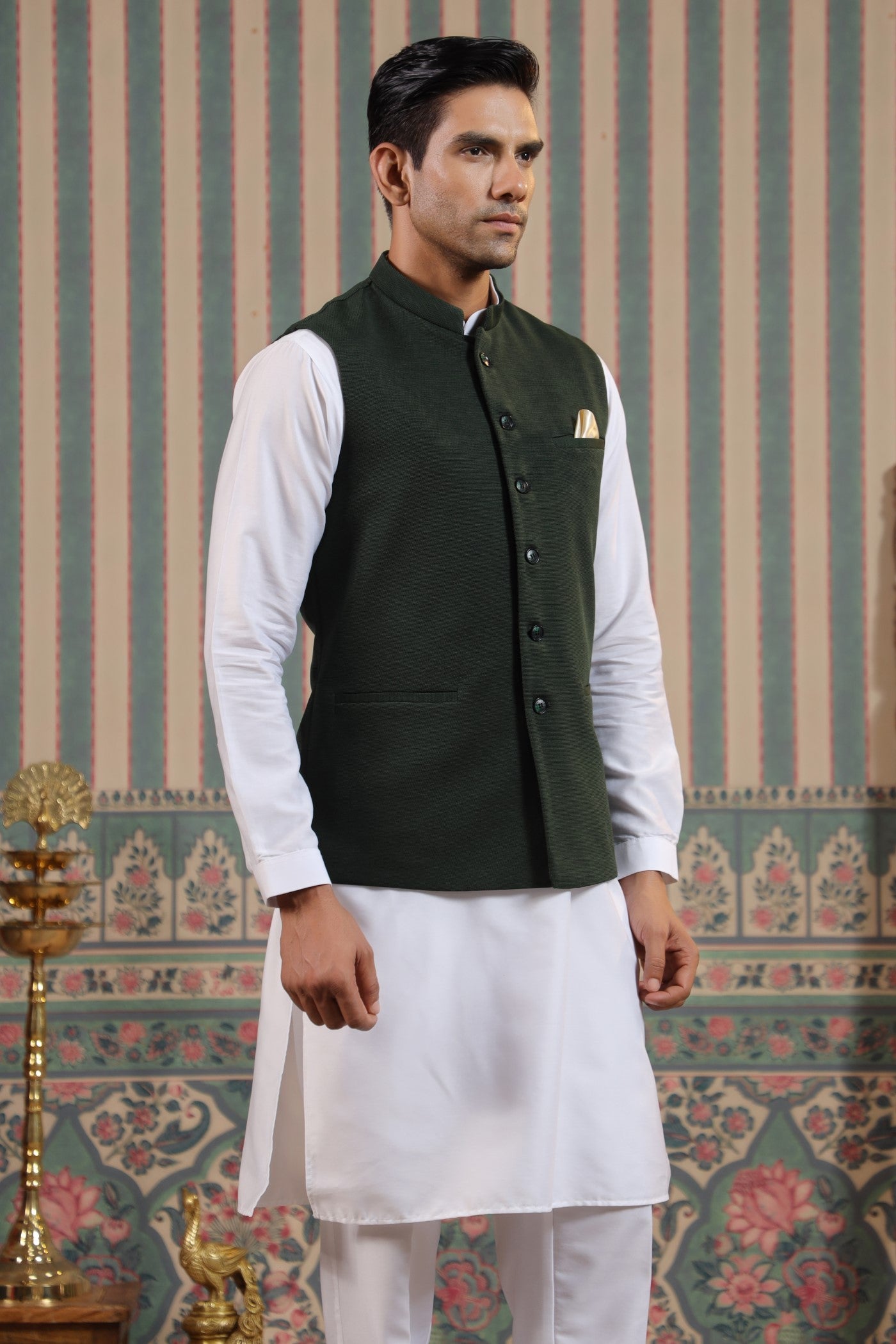 Green Color Formal Plain Waist Coat For Men