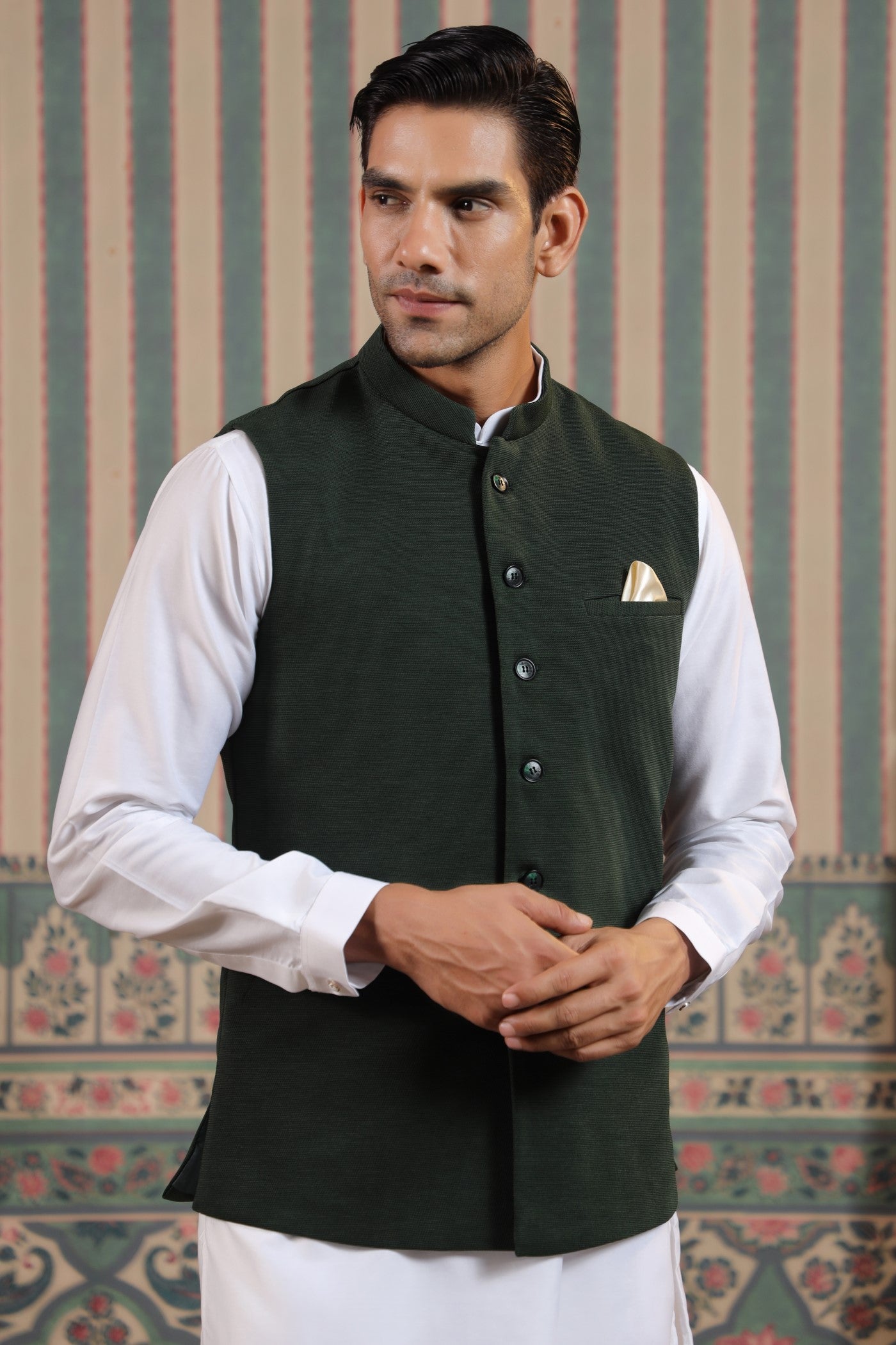 Green Color Formal Plain Waist Coat For Men
