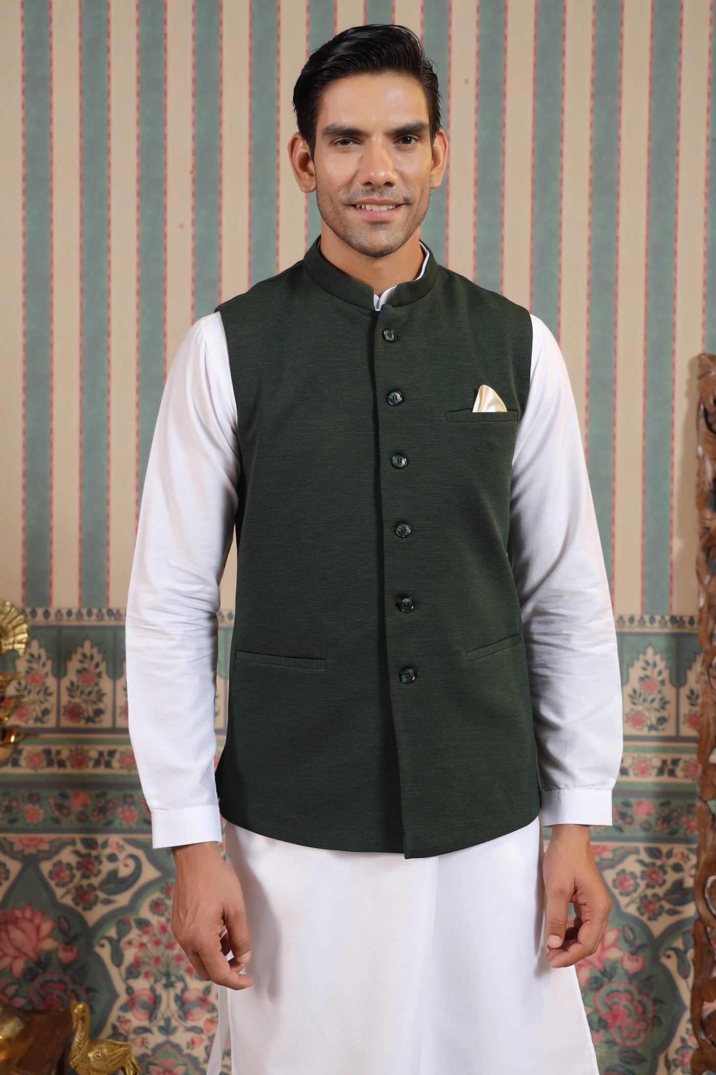 Green Color Formal Plain Waist Coat For Men
