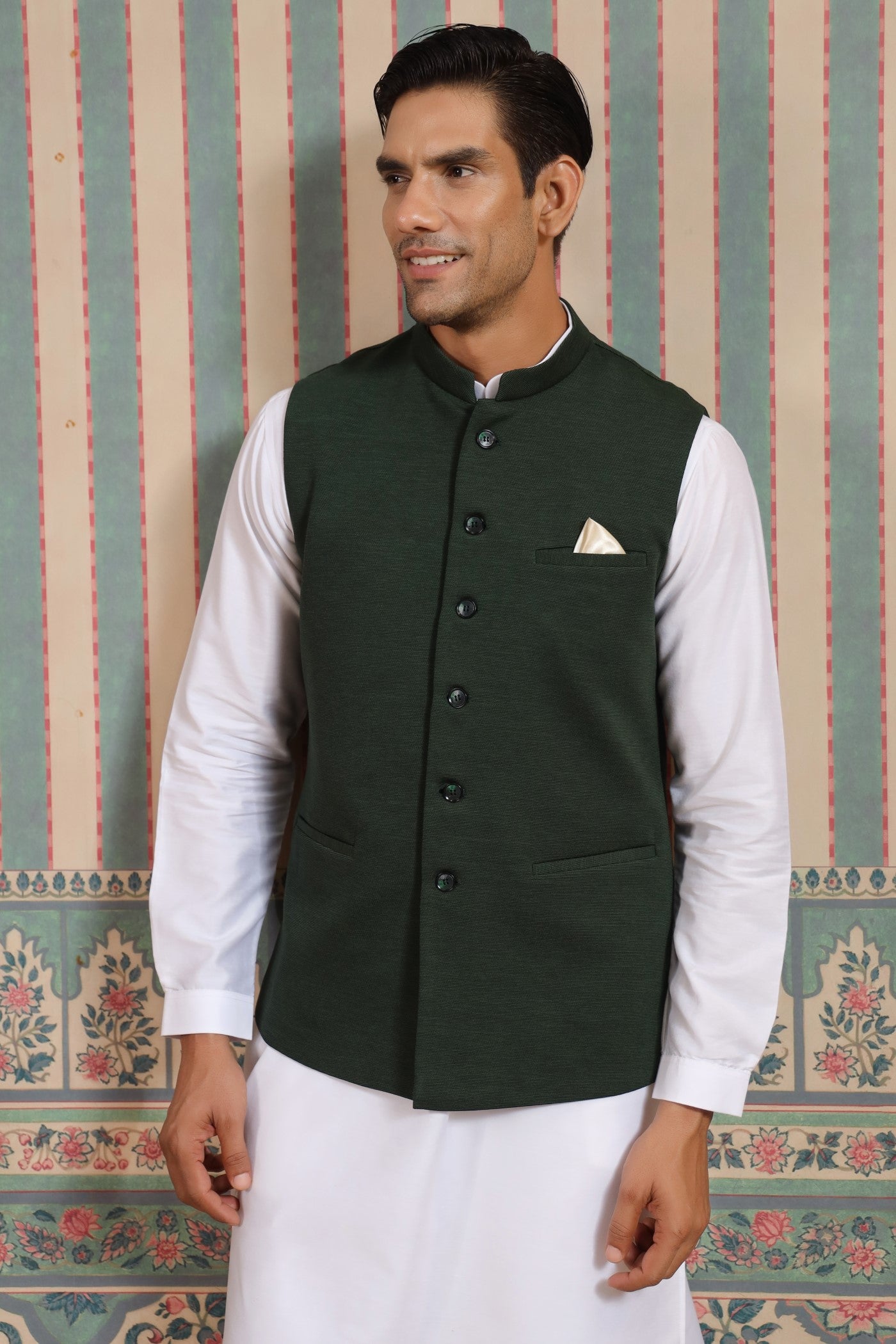 Green Color Formal Plain Waist Coat For Men