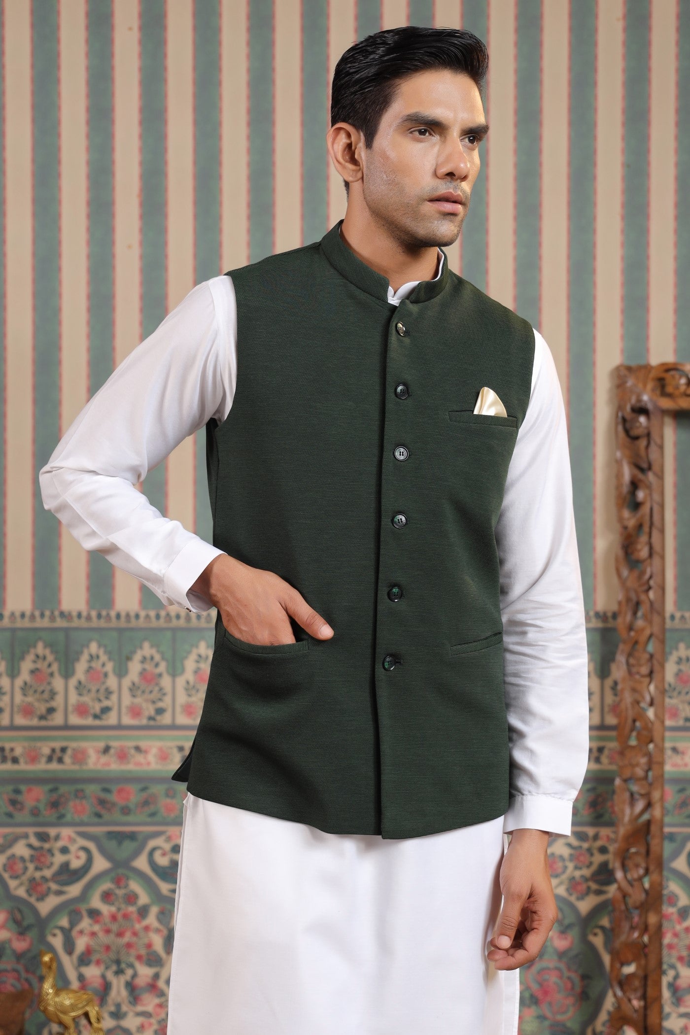 Green Color Formal Plain Waist Coat For Men