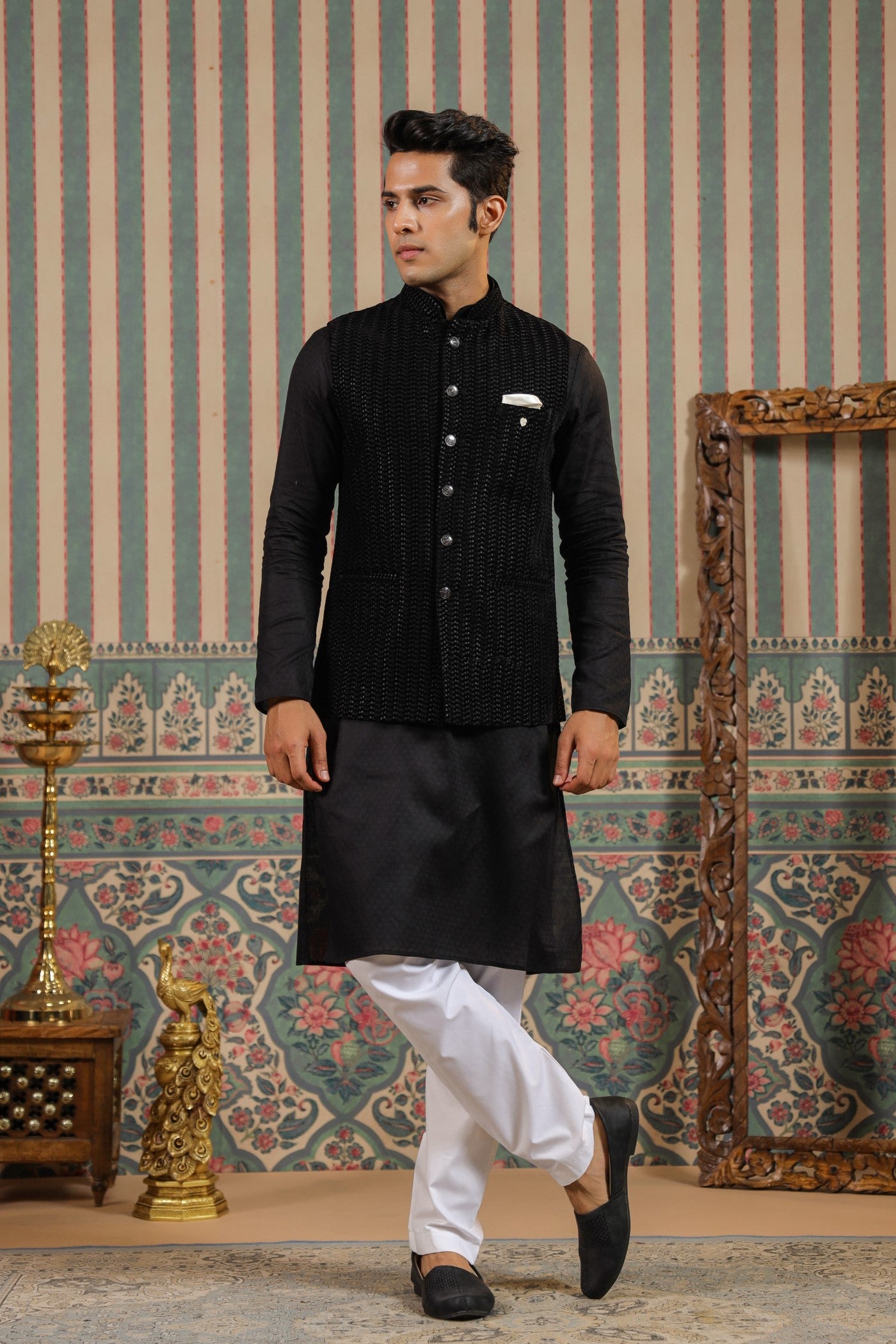 Black Color Embroidery Velvet Waist Coat For Men