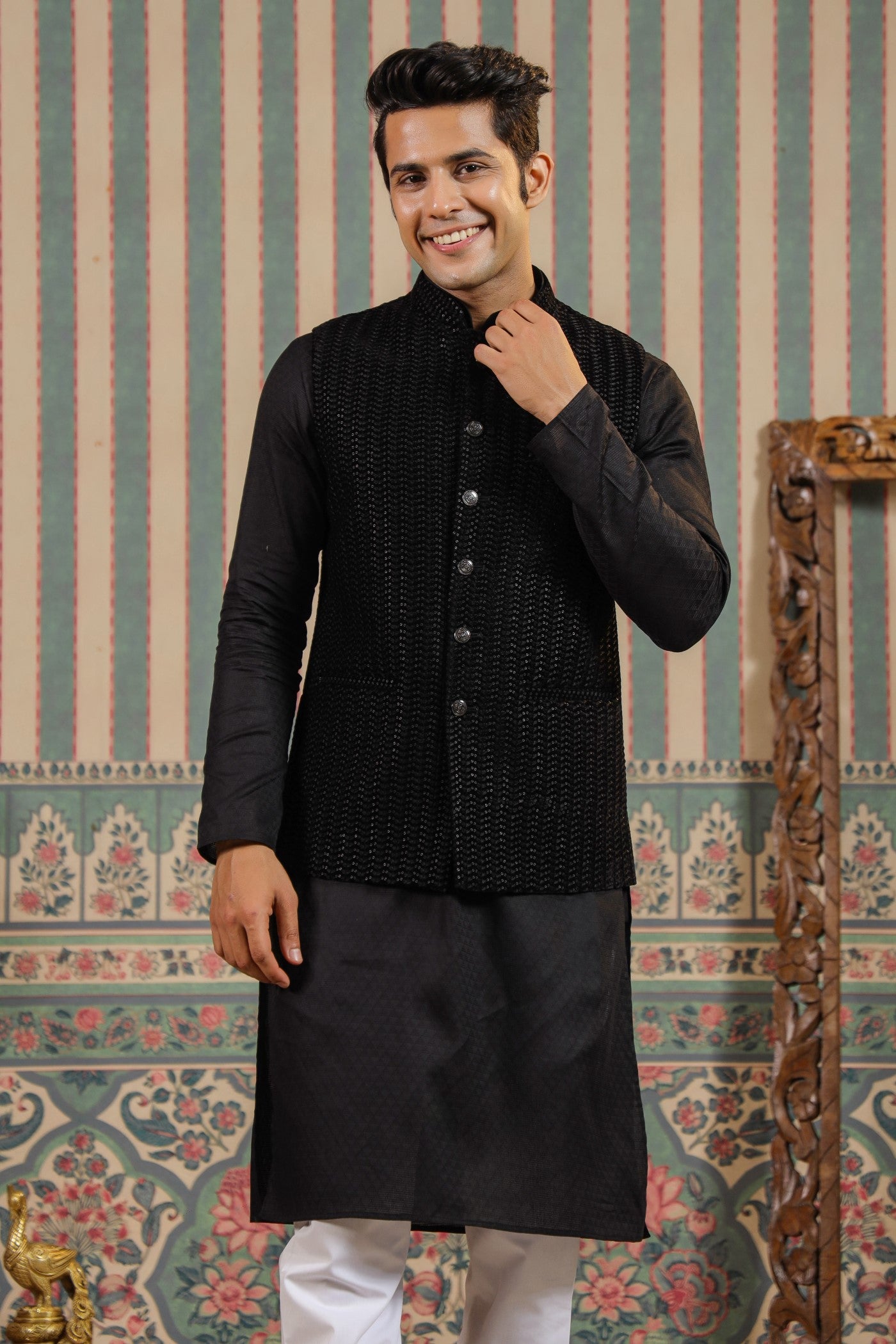 Black Color Embroidery Velvet Waist Coat For Men