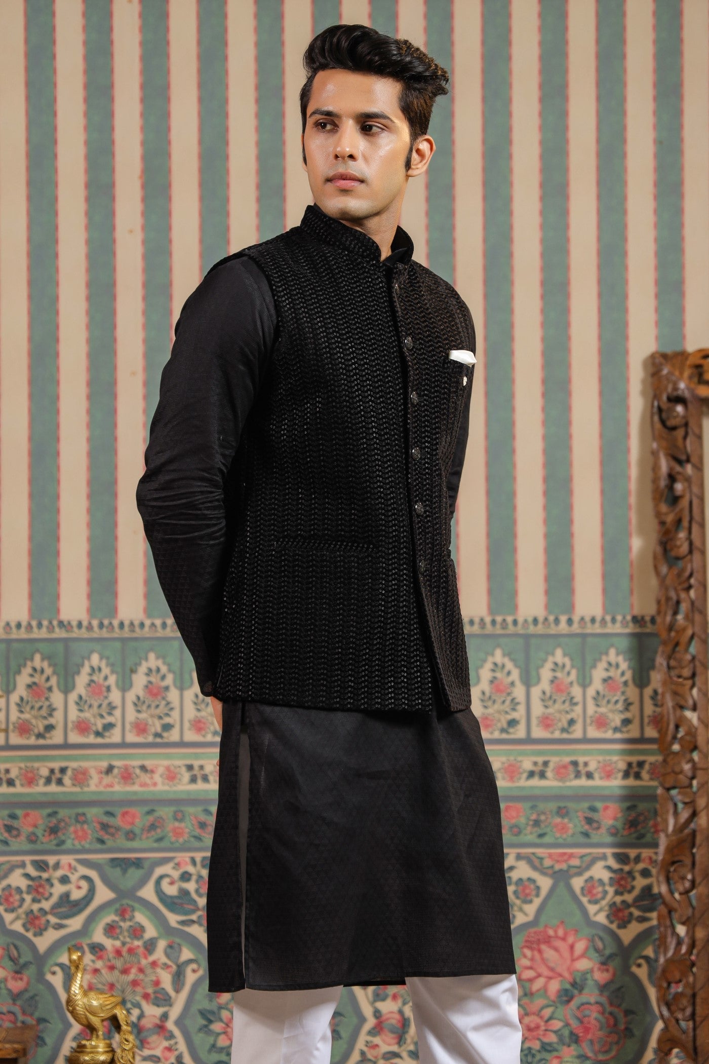 Black Color Embroidery Velvet Waist Coat For Men