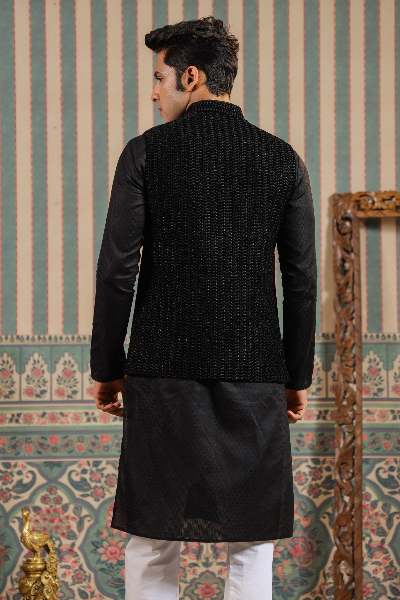 Black Color Embroidery Velvet Waist Coat For Men