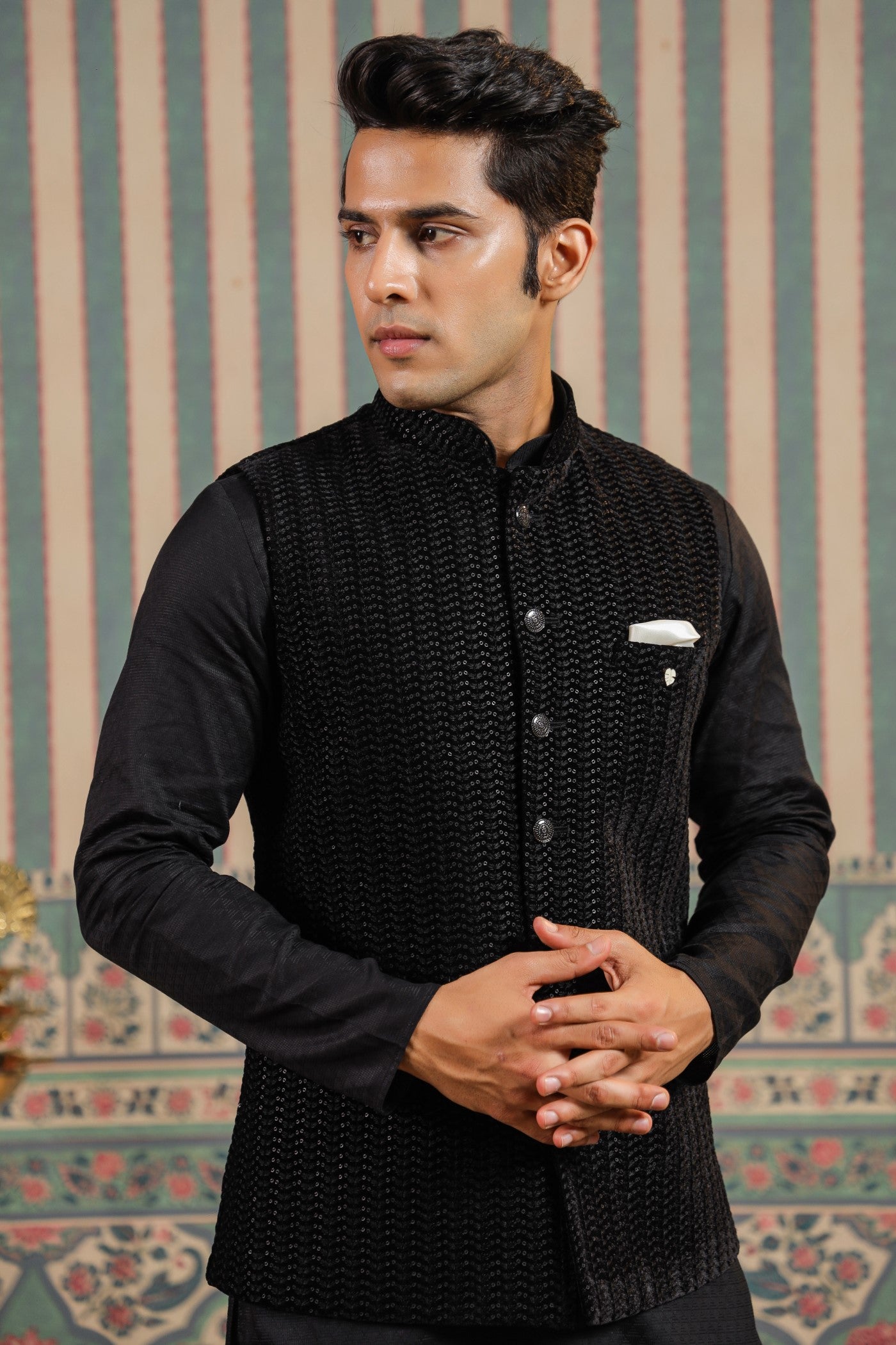 Black Color Embroidery Velvet Waist Coat For Men