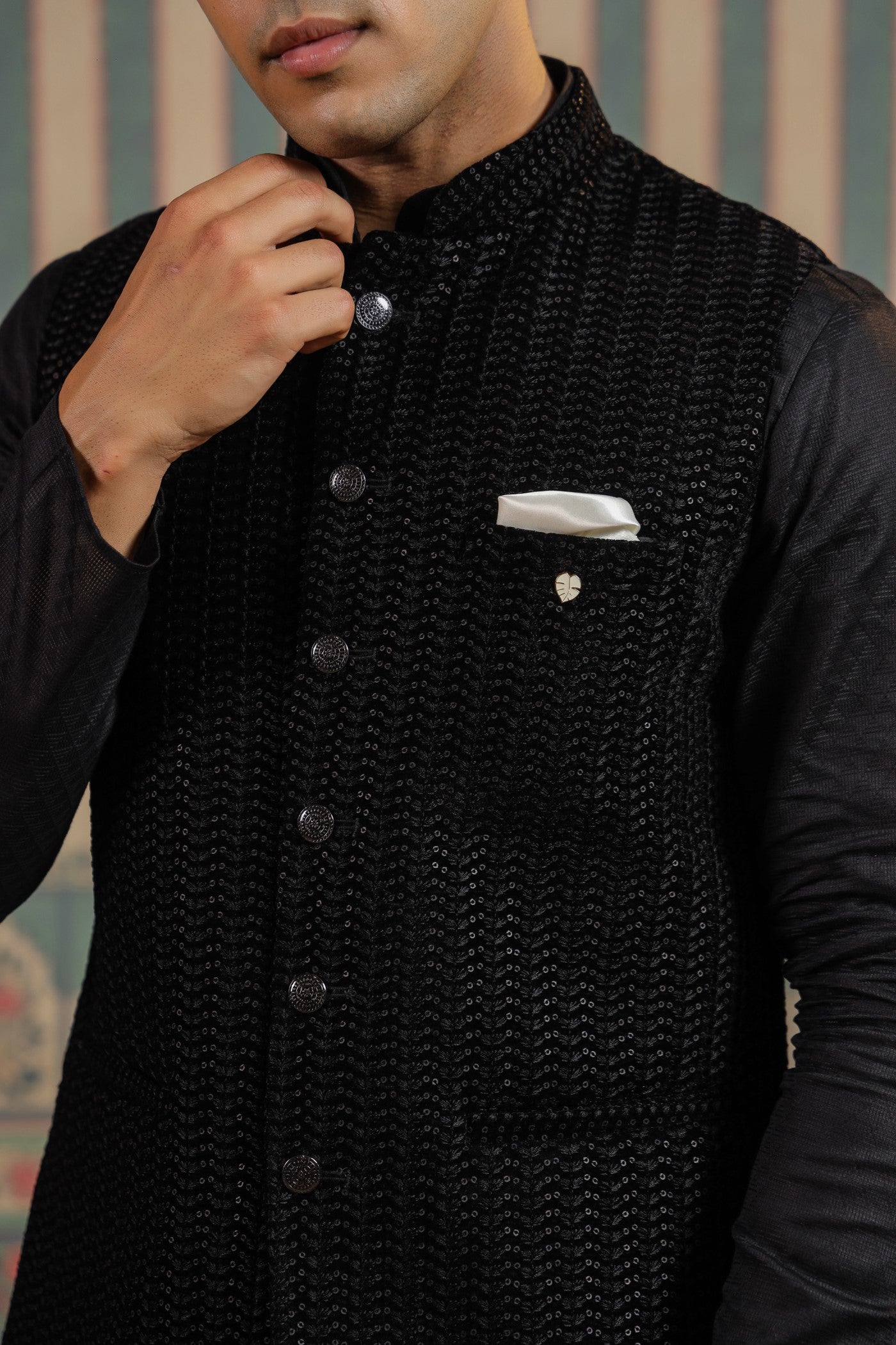 Black Color Embroidery Velvet Waist Coat For Men