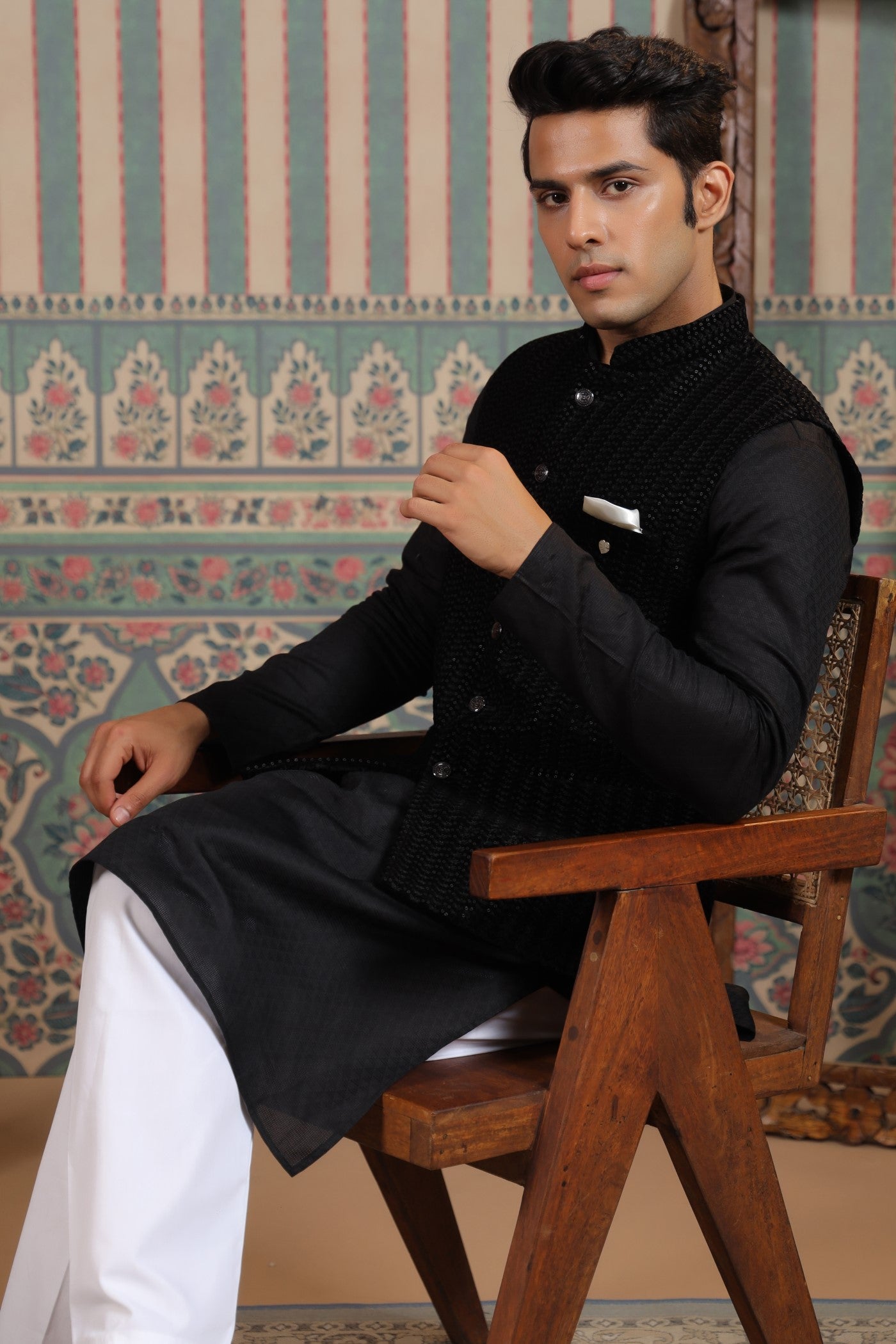Black Color Embroidery Velvet Waist Coat For Men