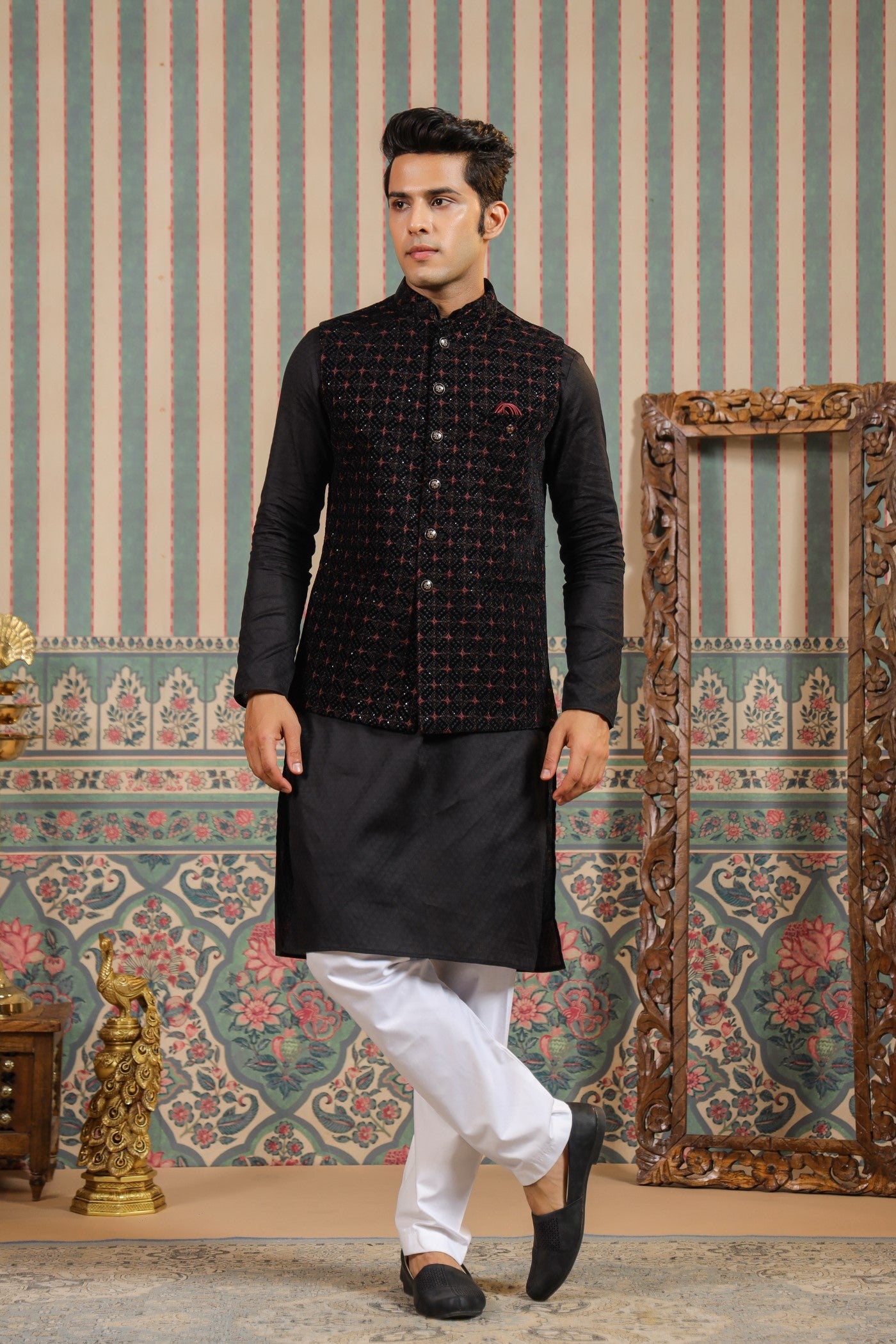 Black Embroidery Waist Coat For Men - Main Image