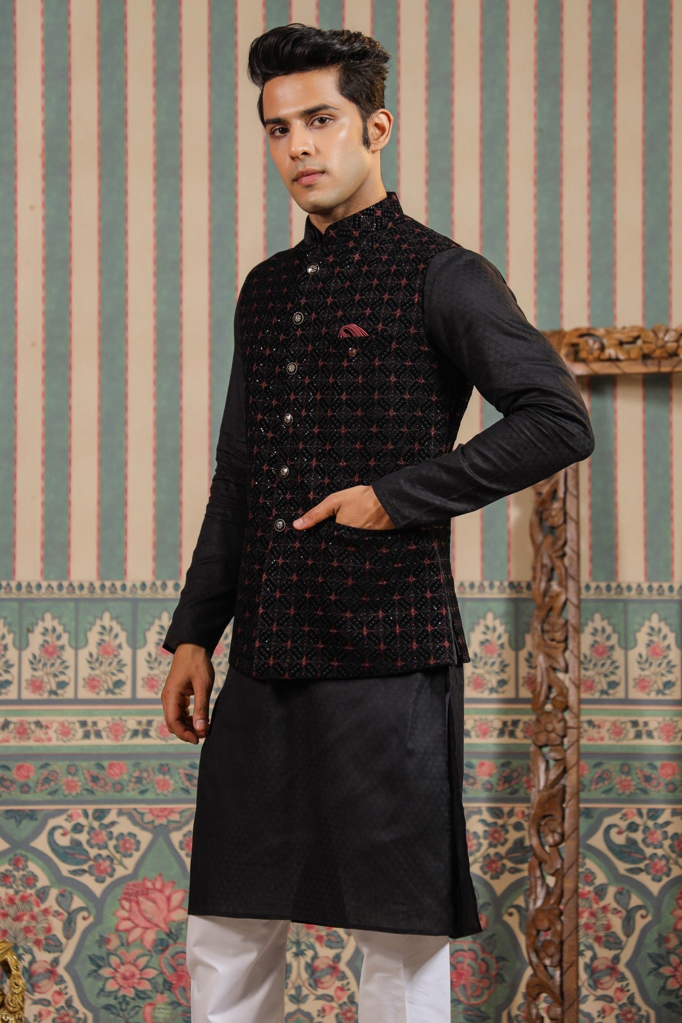 Black Embroidery Waist Coat For Men