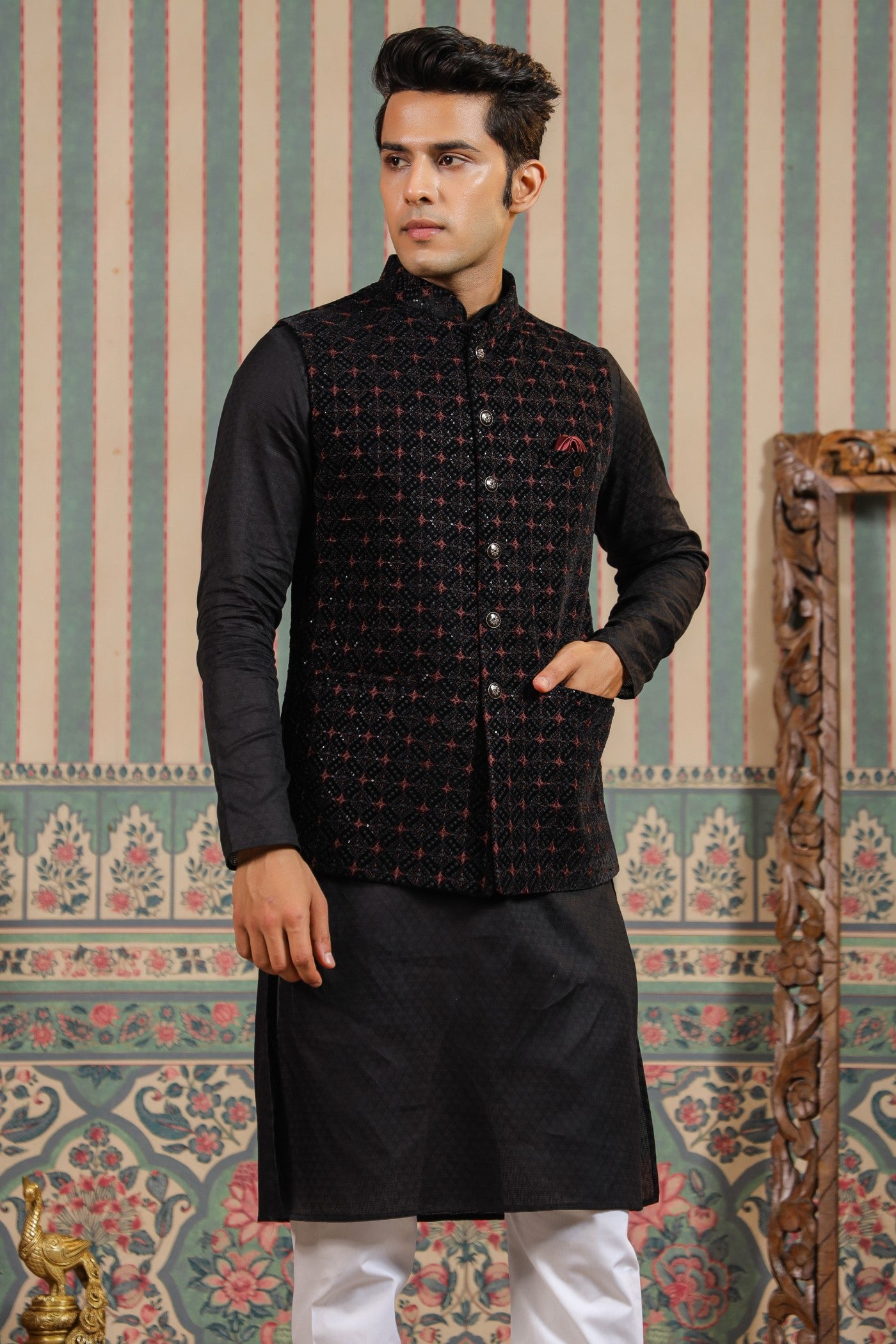 Black Embroidery Waist Coat For Men