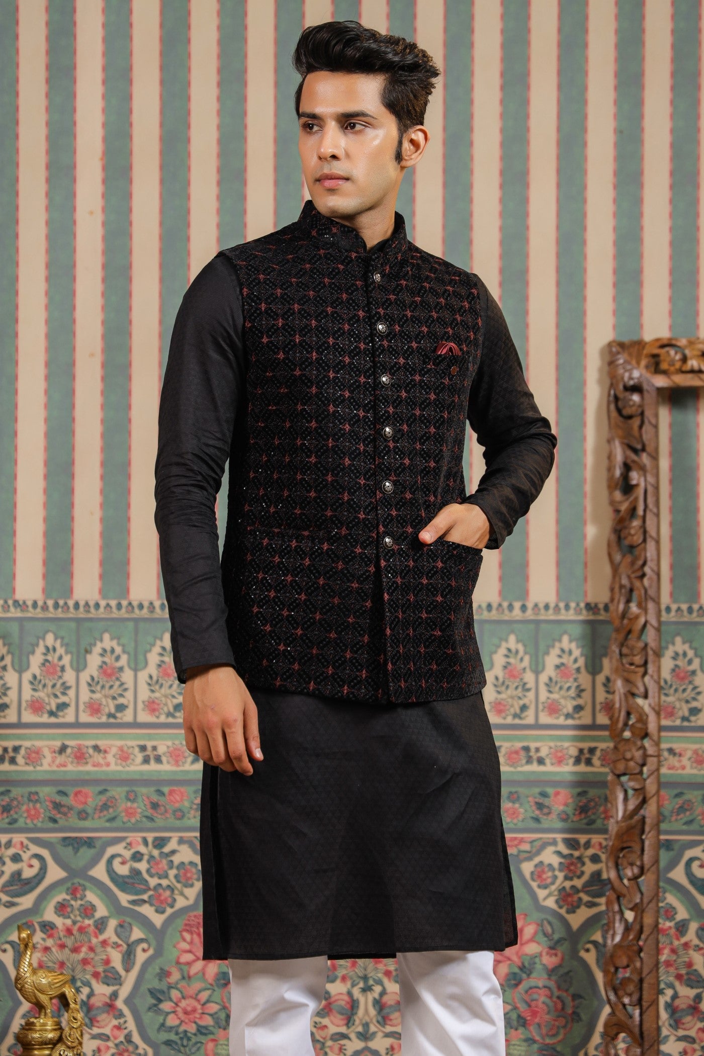 Black Embroidery Waist Coat For Men