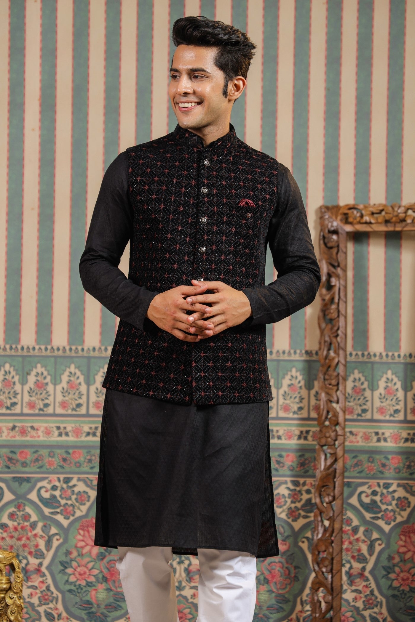 Black Embroidery Waist Coat For Men