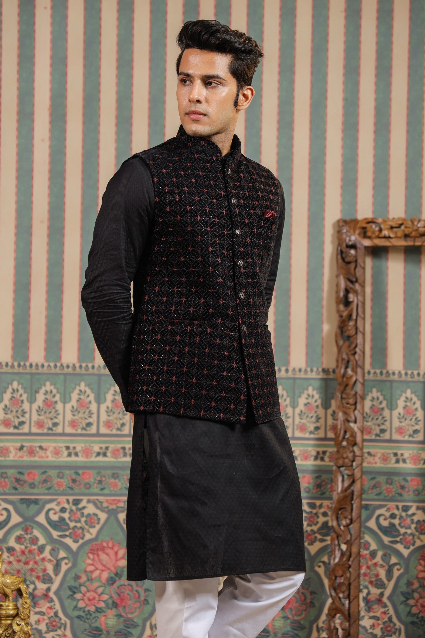 Black Embroidery Waist Coat For Men