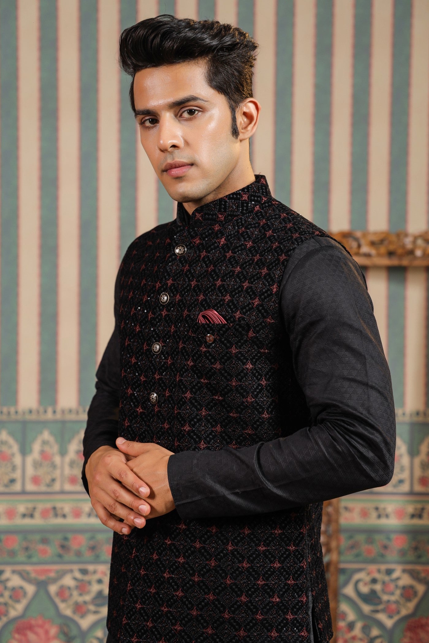 Black Embroidery Waist Coat For Men
