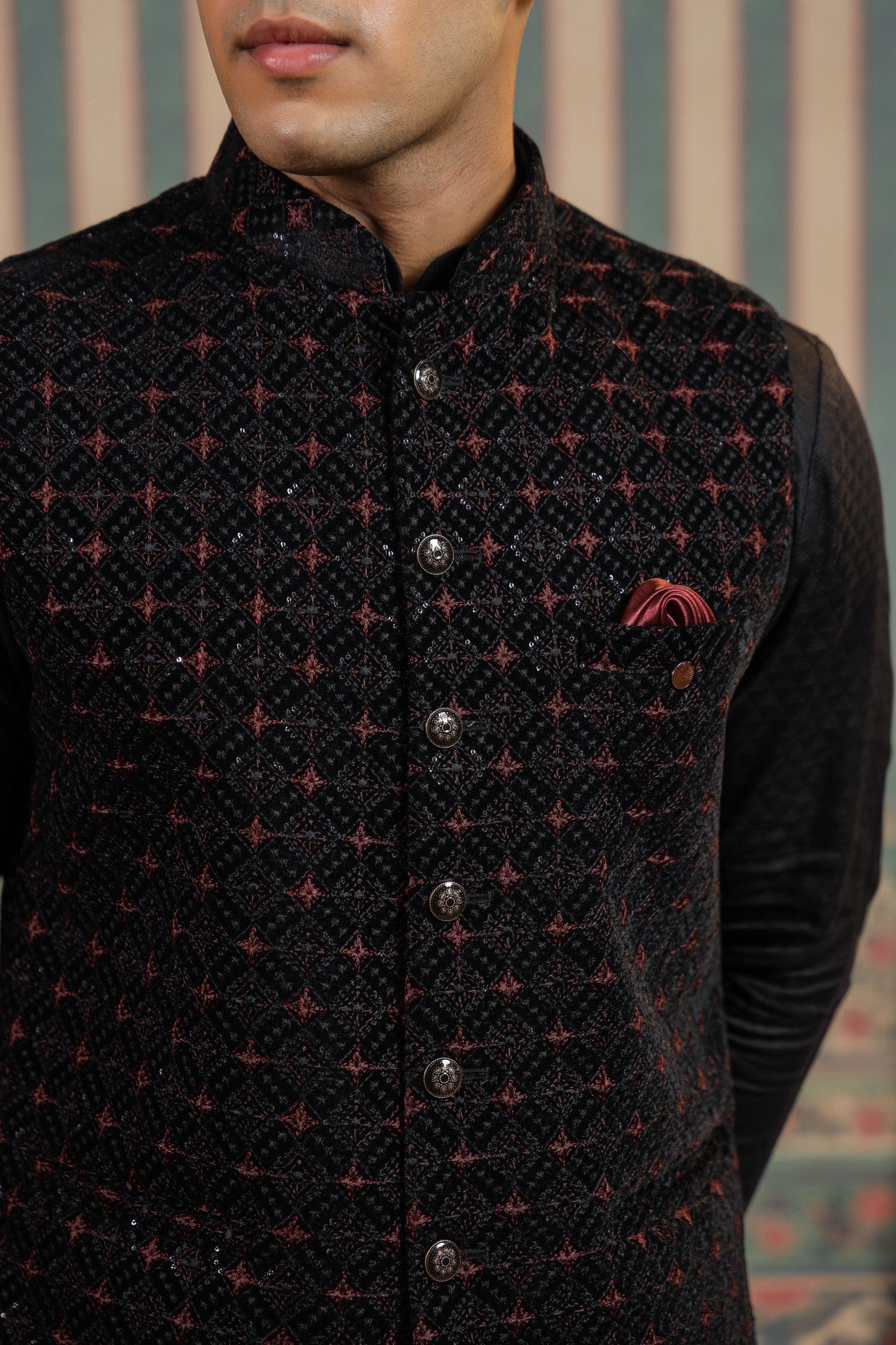 Black Embroidery Waist Coat For Men