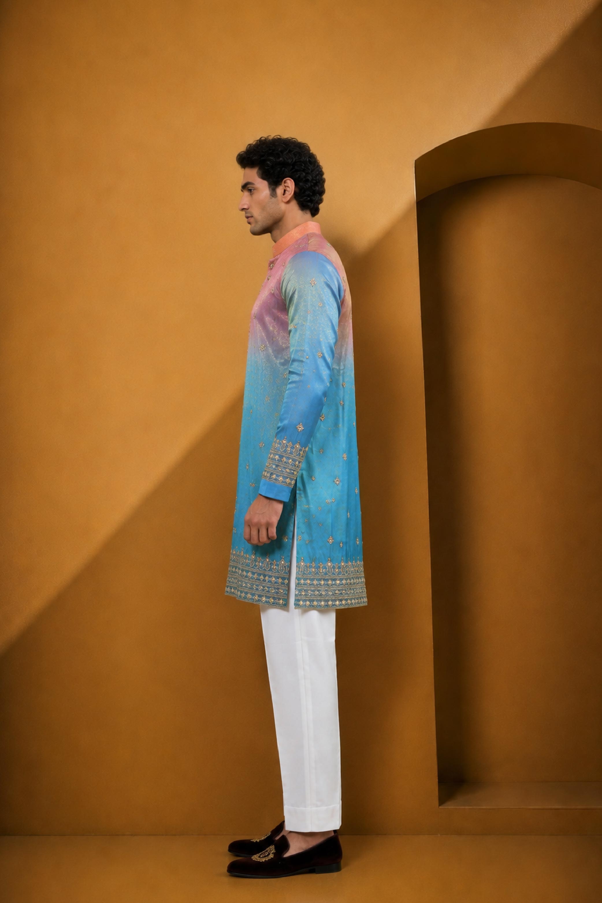 Sky Blue Silk Embroidery V Neck Parallel Pant Kurta Pajama Set for Men