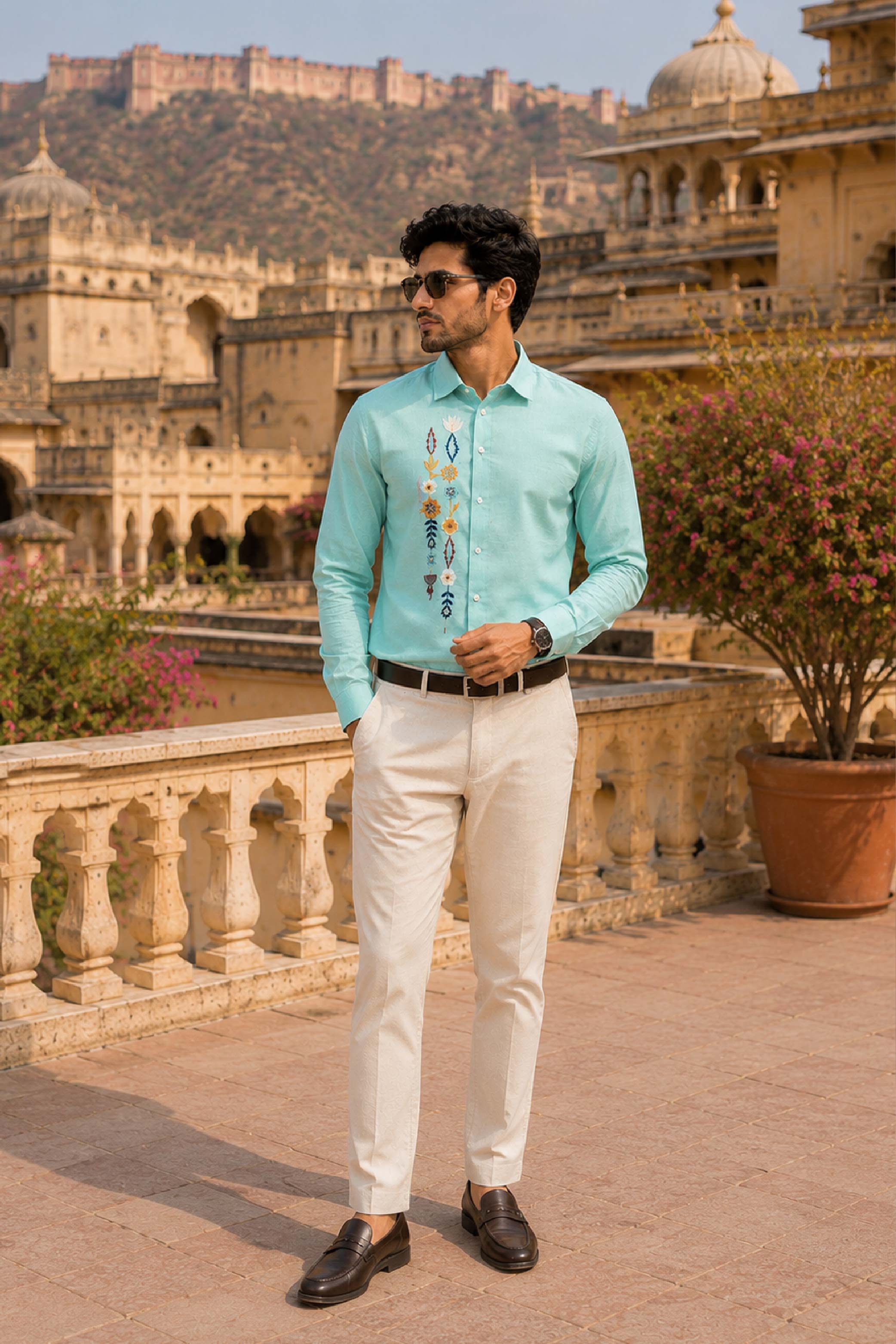 C Green Linen Embroidery Regular Collar Designer FS Shirt for Men