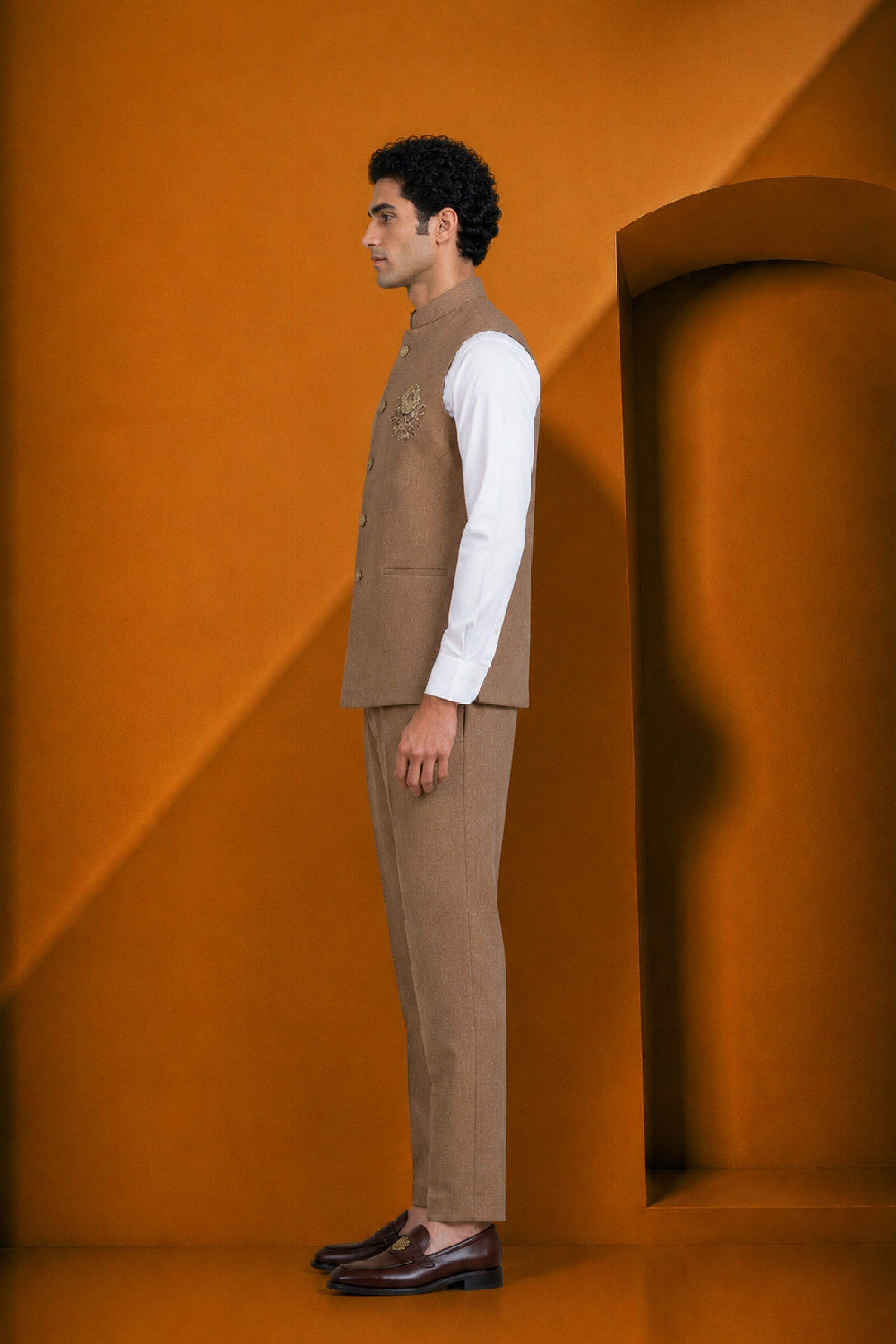 Brown Jute Linen Plain Jodhpuri Designer Summer Suit for Men