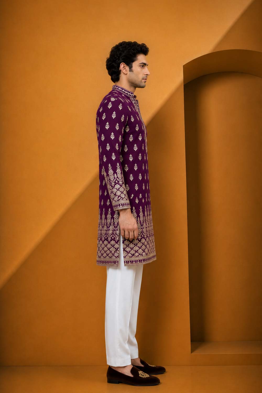 Wine Velvet Embroidery V Neck Designer Kurta Pajama Set for Men
