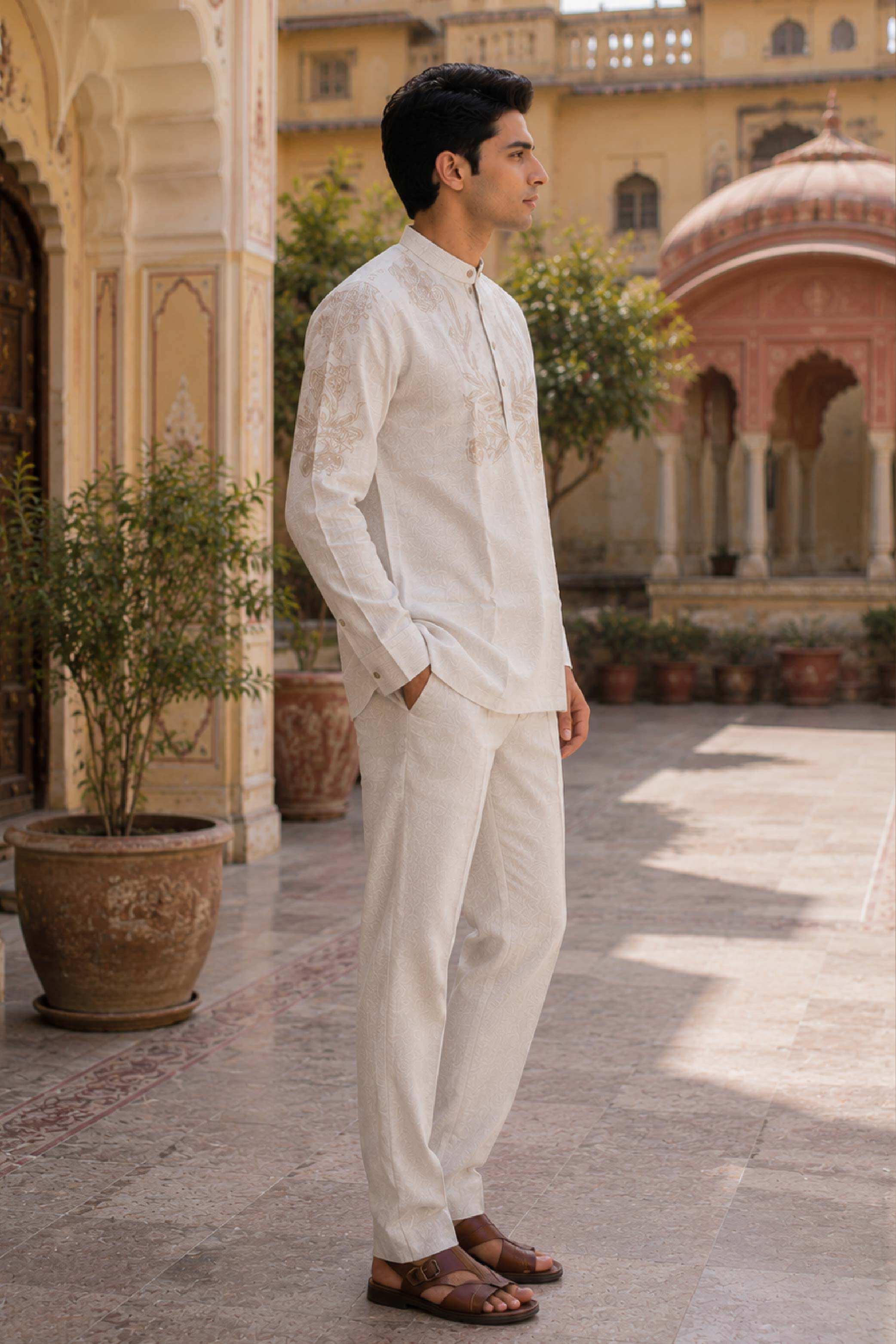Fawn Linen Fashion Chinese Collar Designer FS Kurta for Men