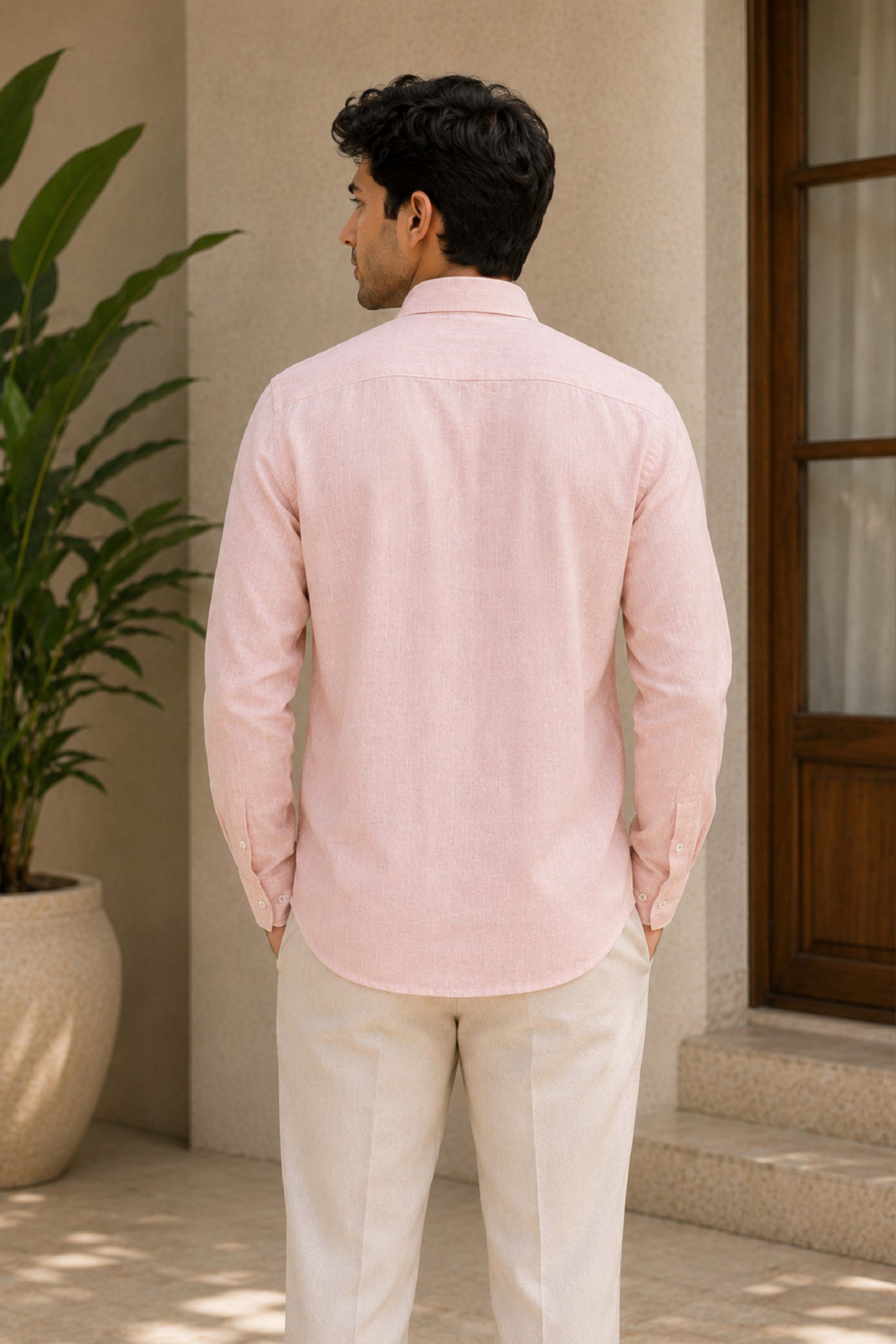 Peach Linen Embroidery Regular Collar Designer FS Shirt for Men
