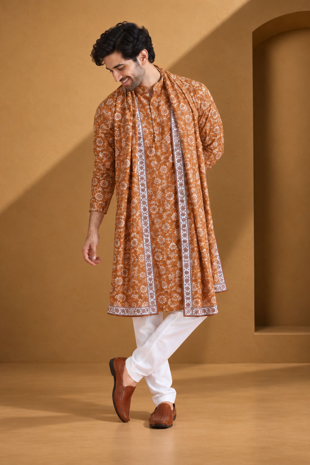 Party Wear Kurta Pajama in Rust with Dupatta