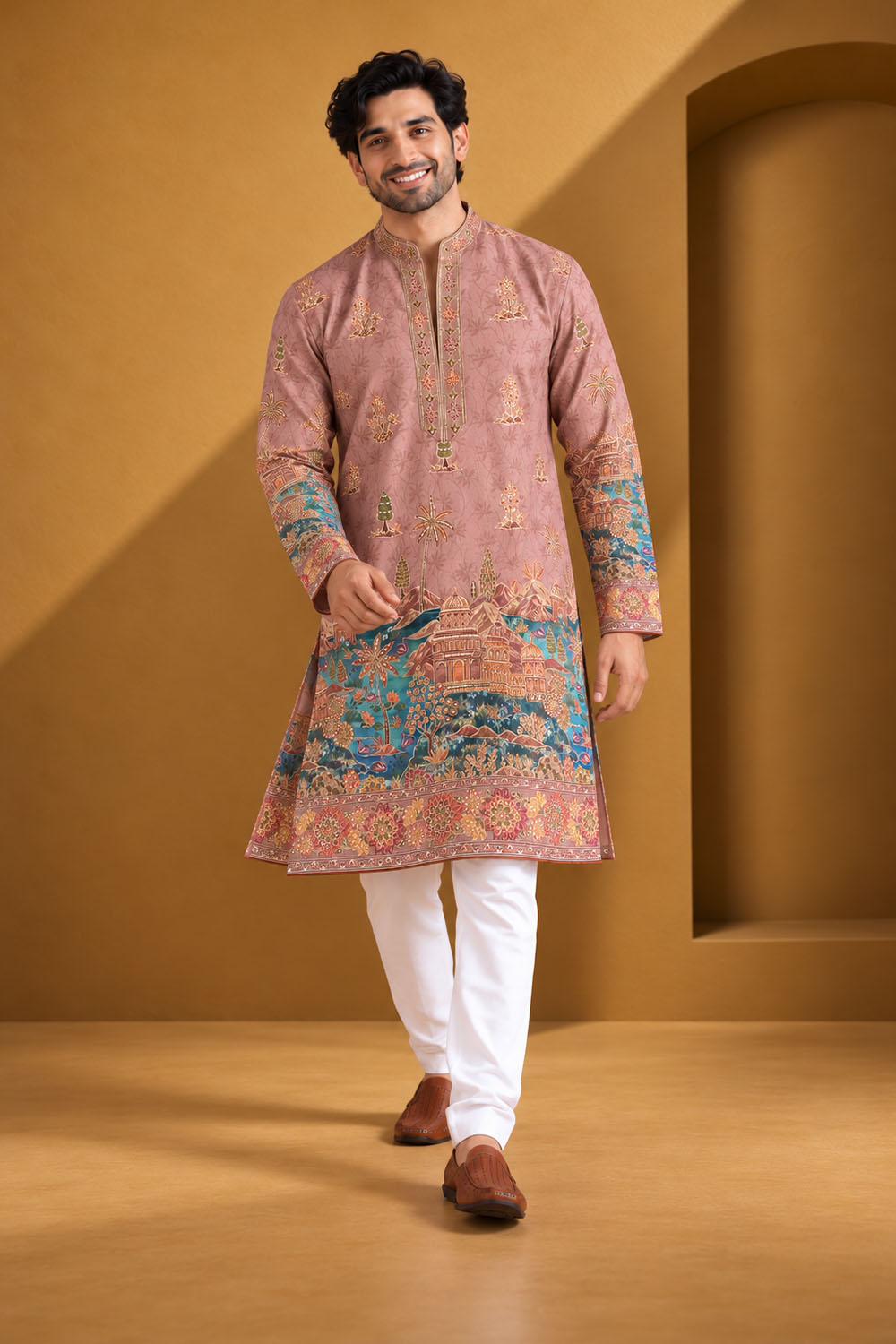 Party Wear Kurta Pajama in Onion with Parallel Pant