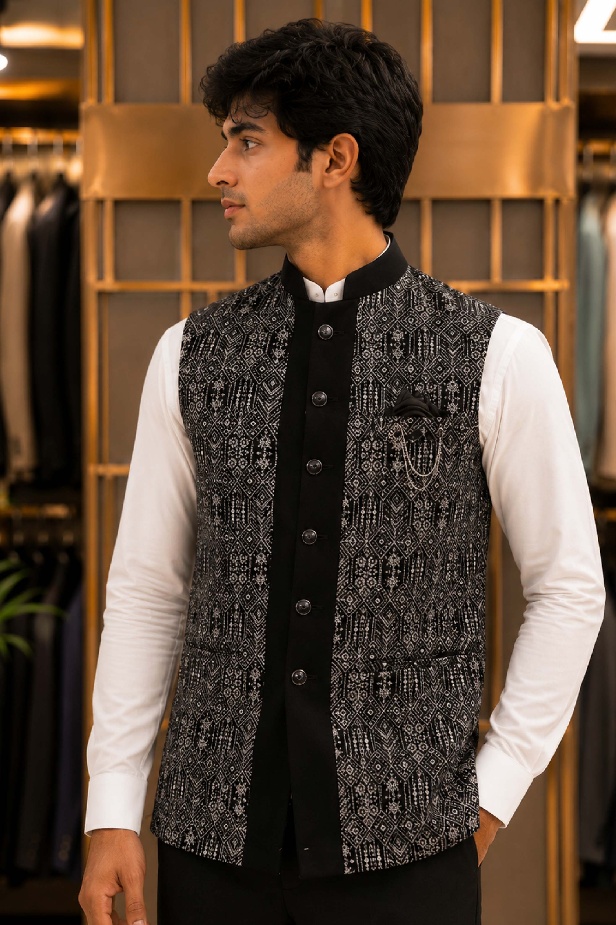 Black Velvet Embroidery Jodhpuri Designer Summer Suit for Men