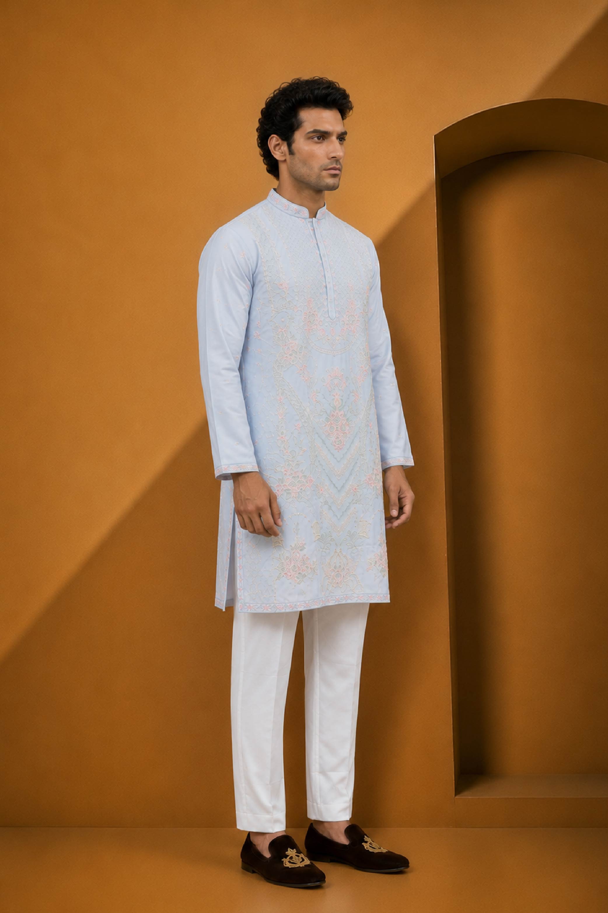 P Blue Silk Designer Kurta Pajama Set